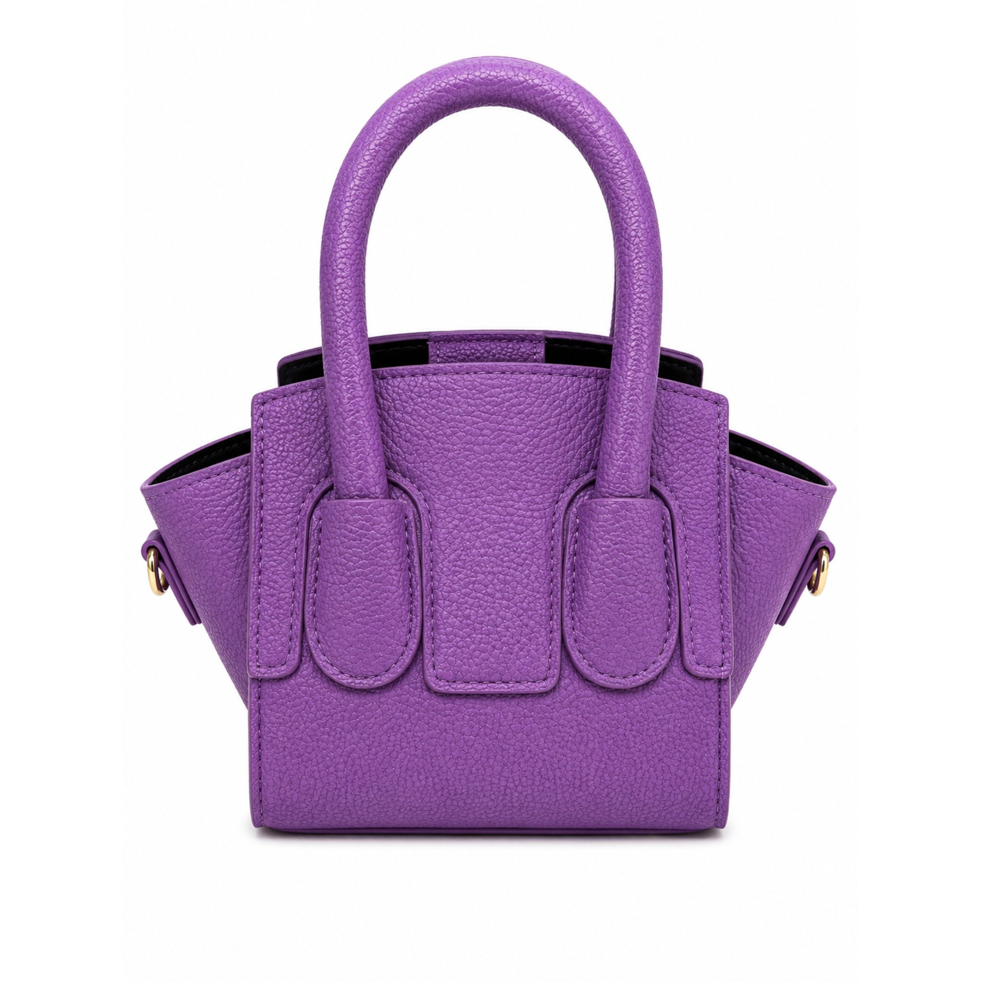 Amethyst purple pebbled leather mini satchel crossbody bag with top handles, detachable shoulder strap, and gold-tone hardware accents. 