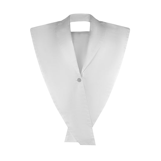 White collared deep V shirt with hardware button detail, detachable bra top, and removable gold chain accent in cotton blend fabric.

