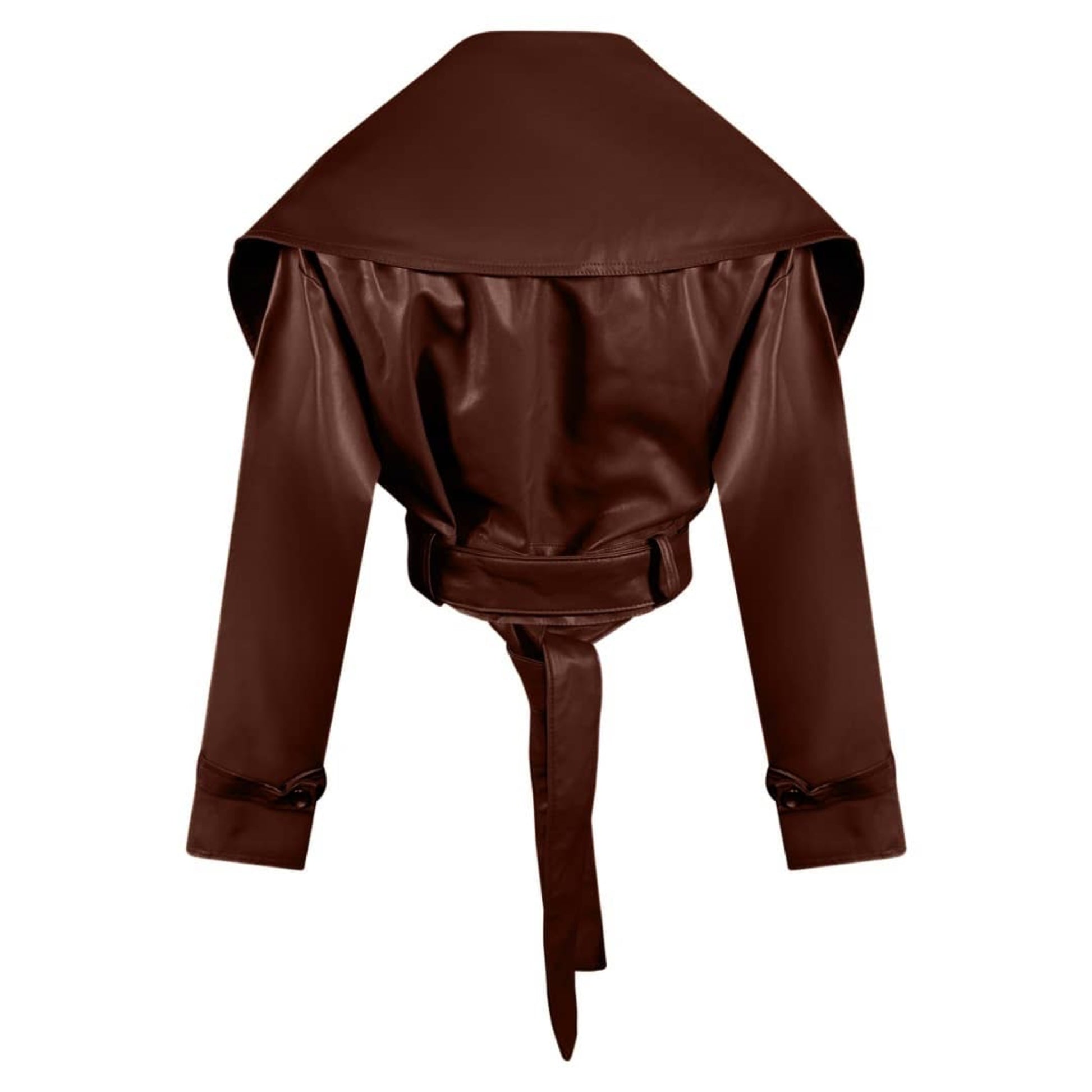 Back view of mocha brown cropped trench coat with belted waist.