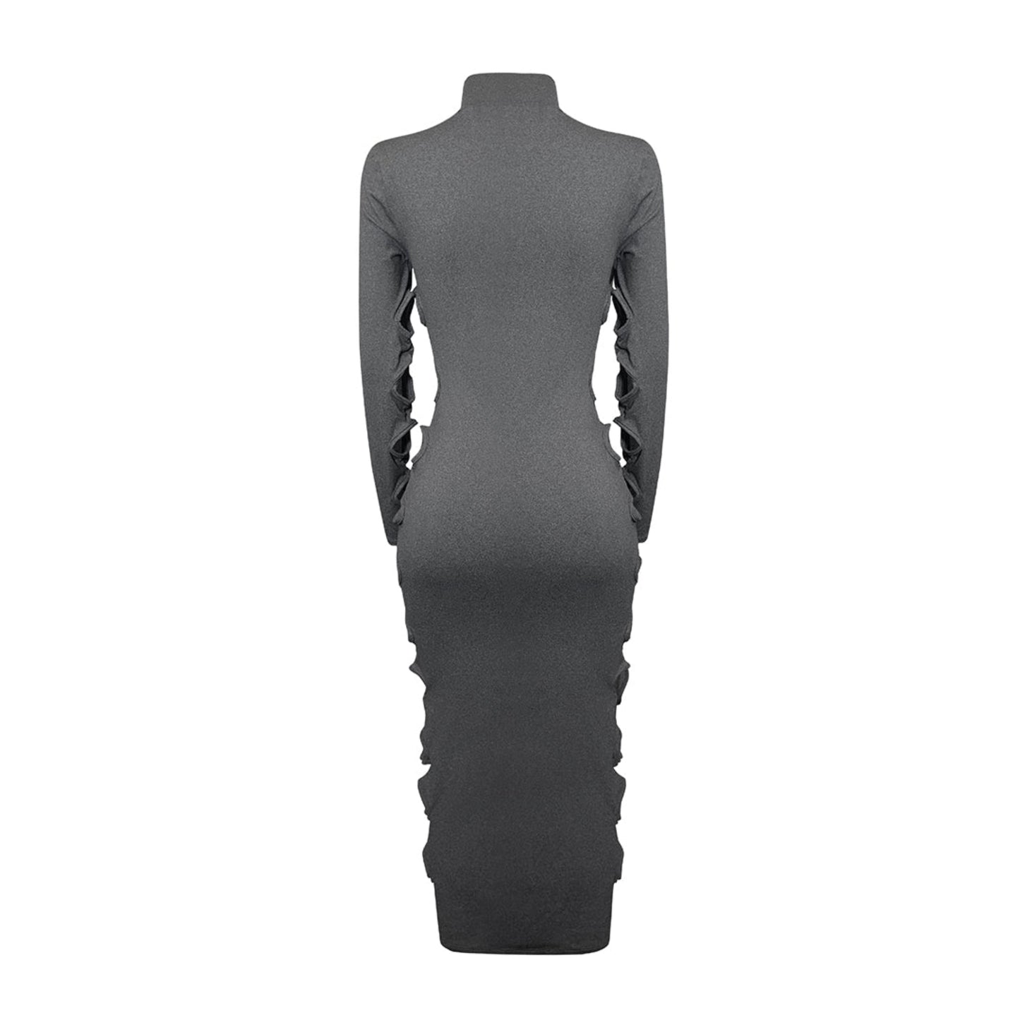 Back view of dark gray turtleneck maxi dress with side cut-out detail and long sleeves.
