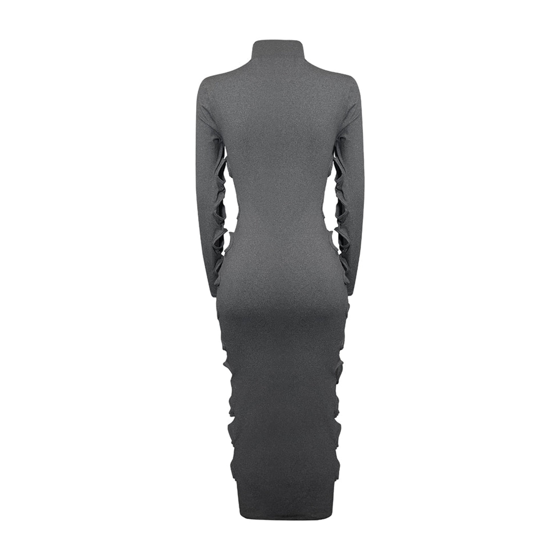 Back view of dark gray turtleneck maxi dress with side cut-out detail and long sleeves.