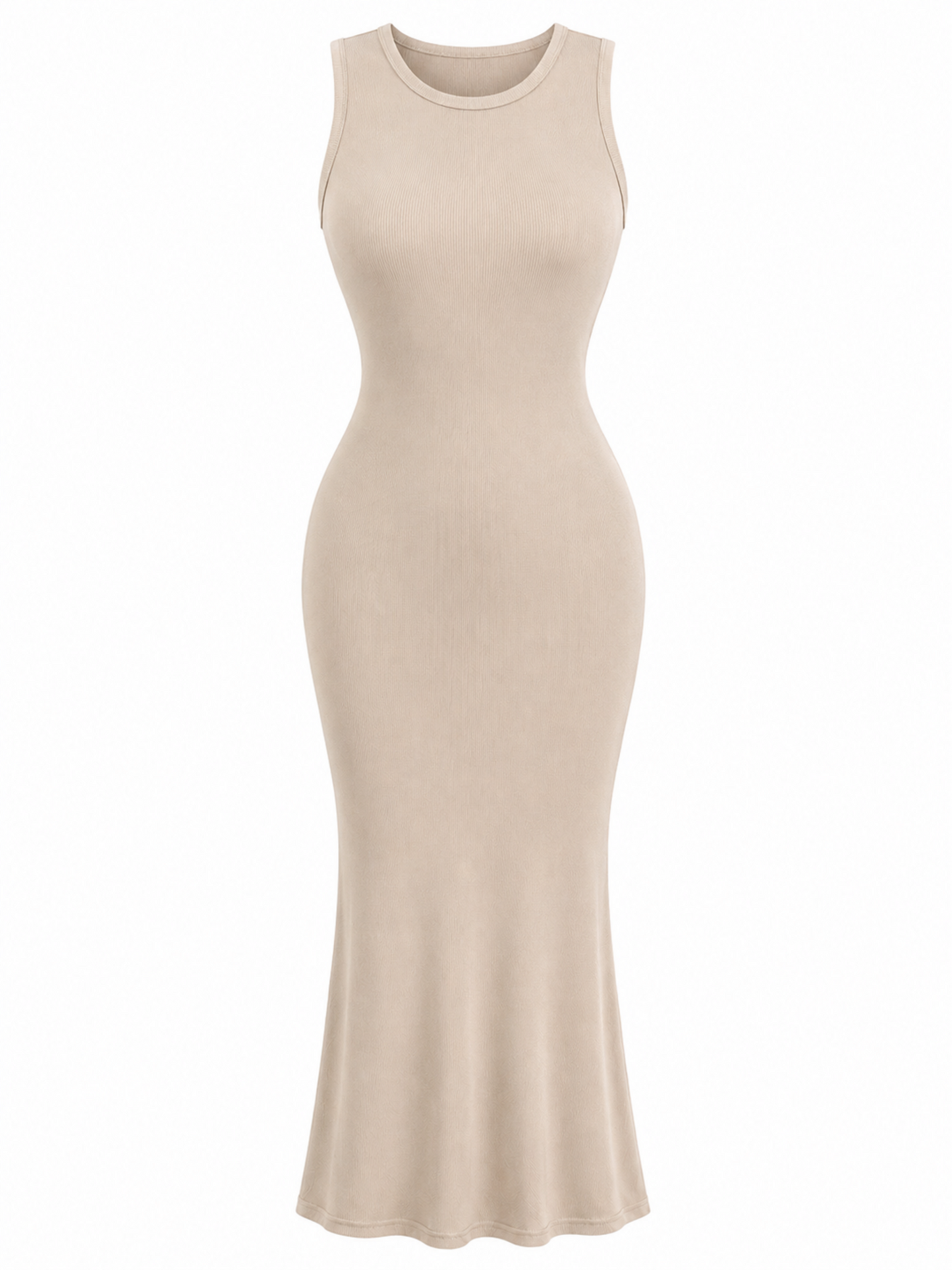 Front view of beige open back ruched bodycon maxi dress with a curve-hugging fit, elegant silhouette, and flattering ruched detailing from Piecez.