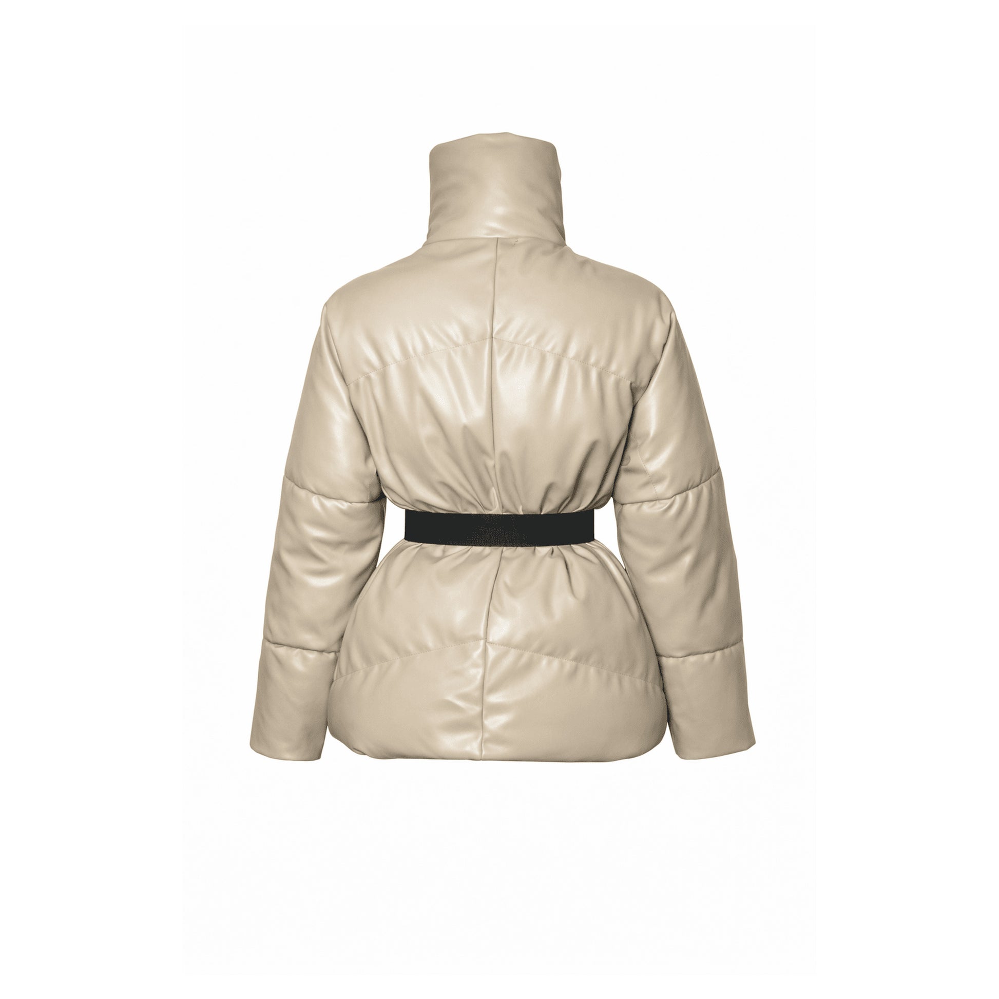 Back view of beige belted high-neck puffer coat with adjustable waist belt and padded design. 