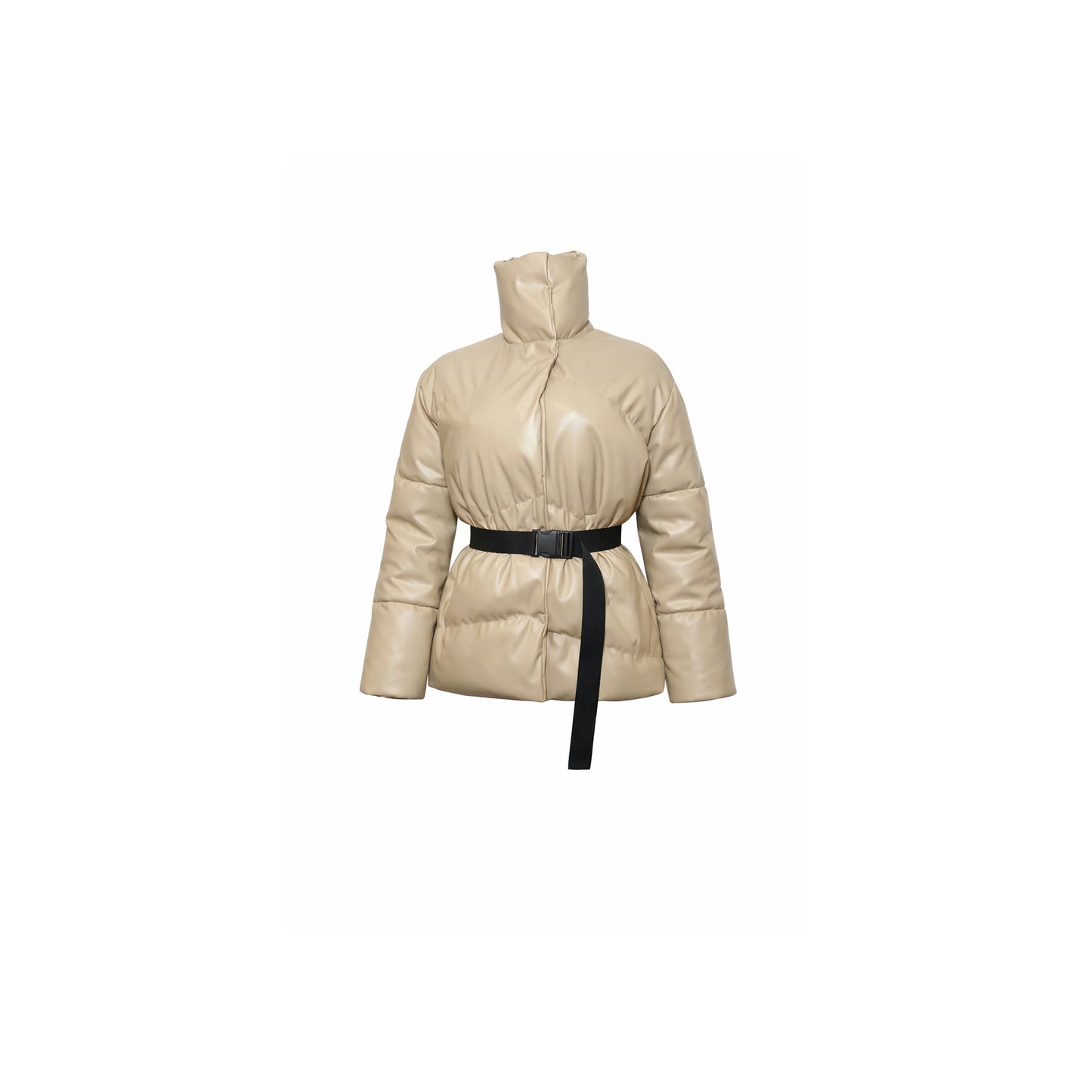Belted high-neck puffer coat in beige with adjustable waist belt. 