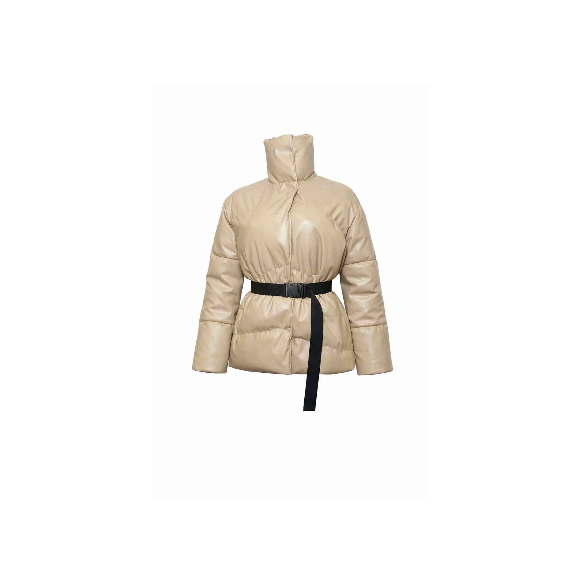 Belted high-neck puffer coat in beige with adjustable waist belt. 