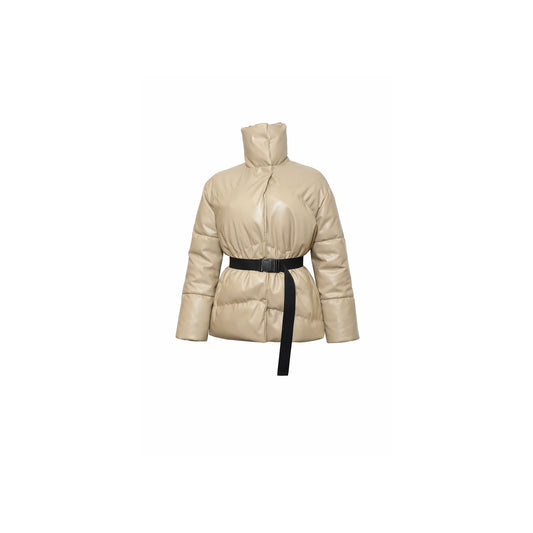 Belted high-neck puffer coat in beige with adjustable waist belt. 