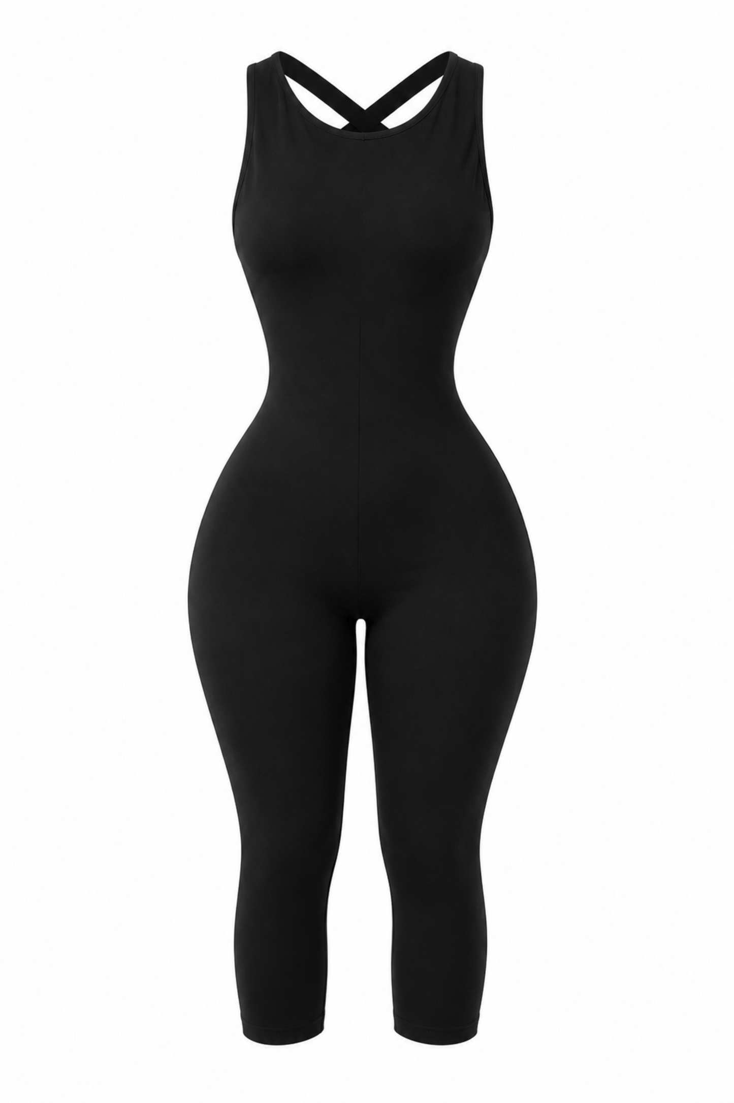 Women's black sleeveless crisscross black capri jumpsuit with a high neckline, soft stretch fabric, pull-on design and capri-length legs. 