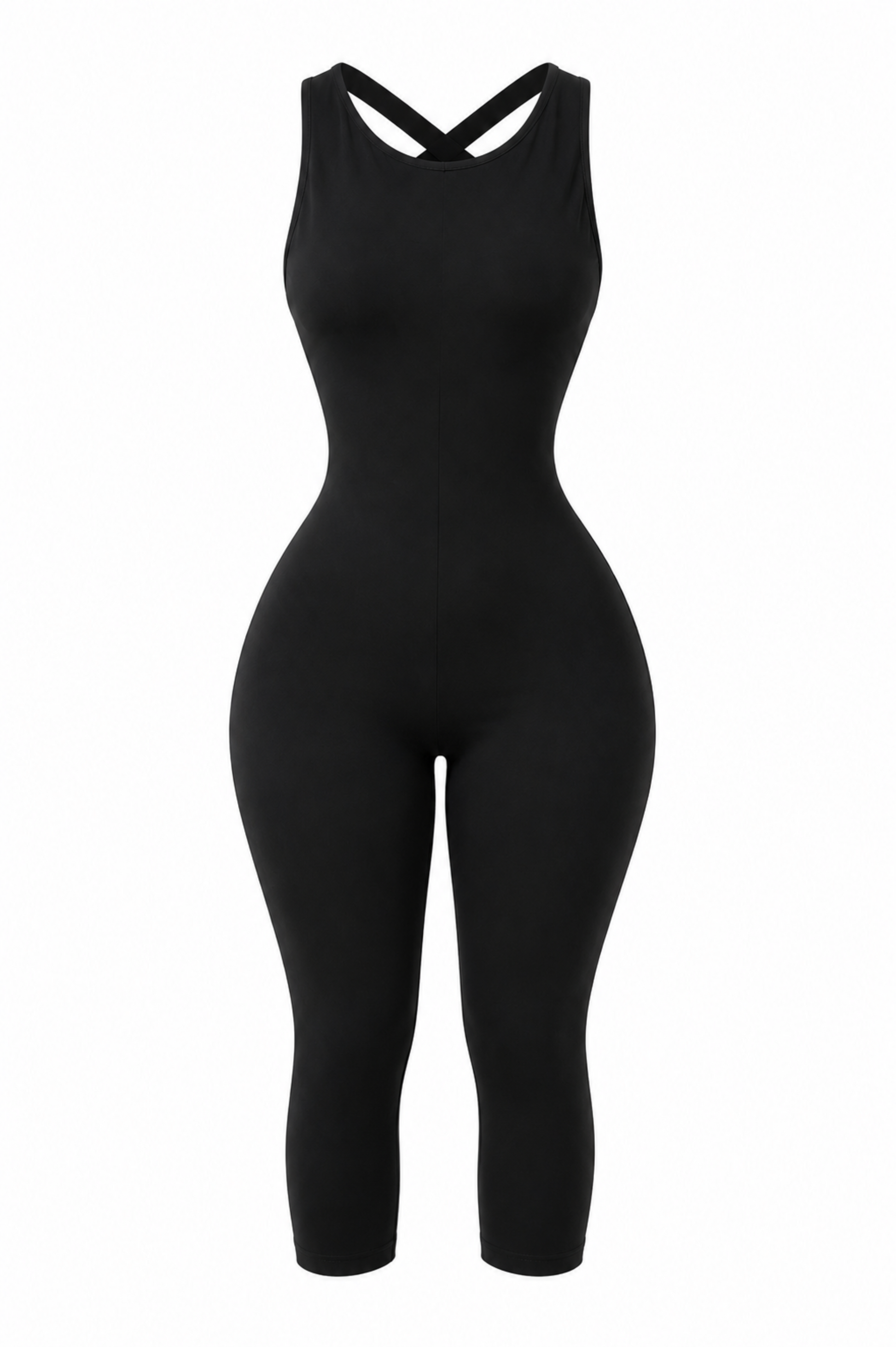 Women's black sleeveless crisscross black capri jumpsuit with a high neckline, soft stretch fabric, pull-on design and capri-length legs. 