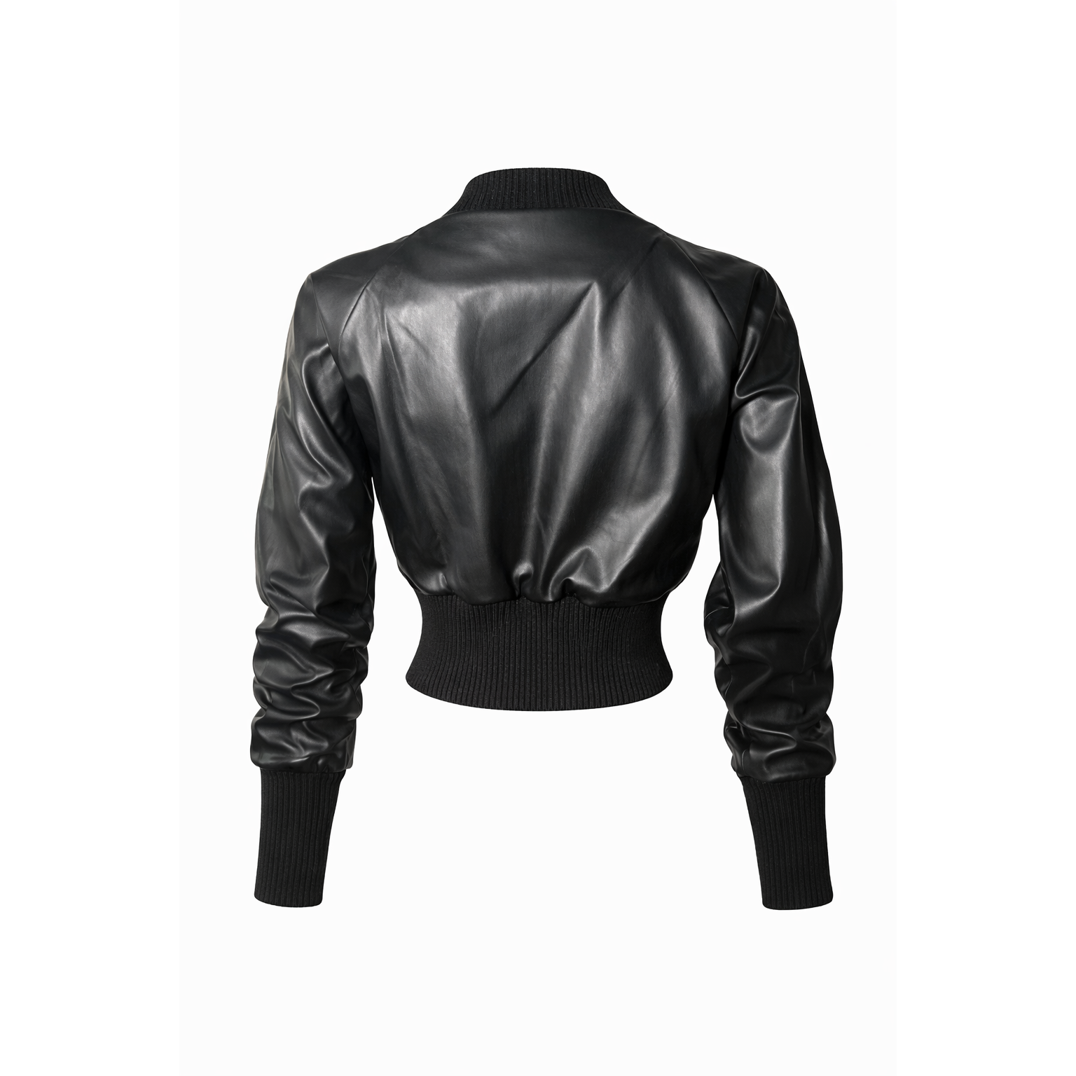 Black faux leather cropped bomber jacket back view with ribbed collar, cuffs, and ribbed waist. 