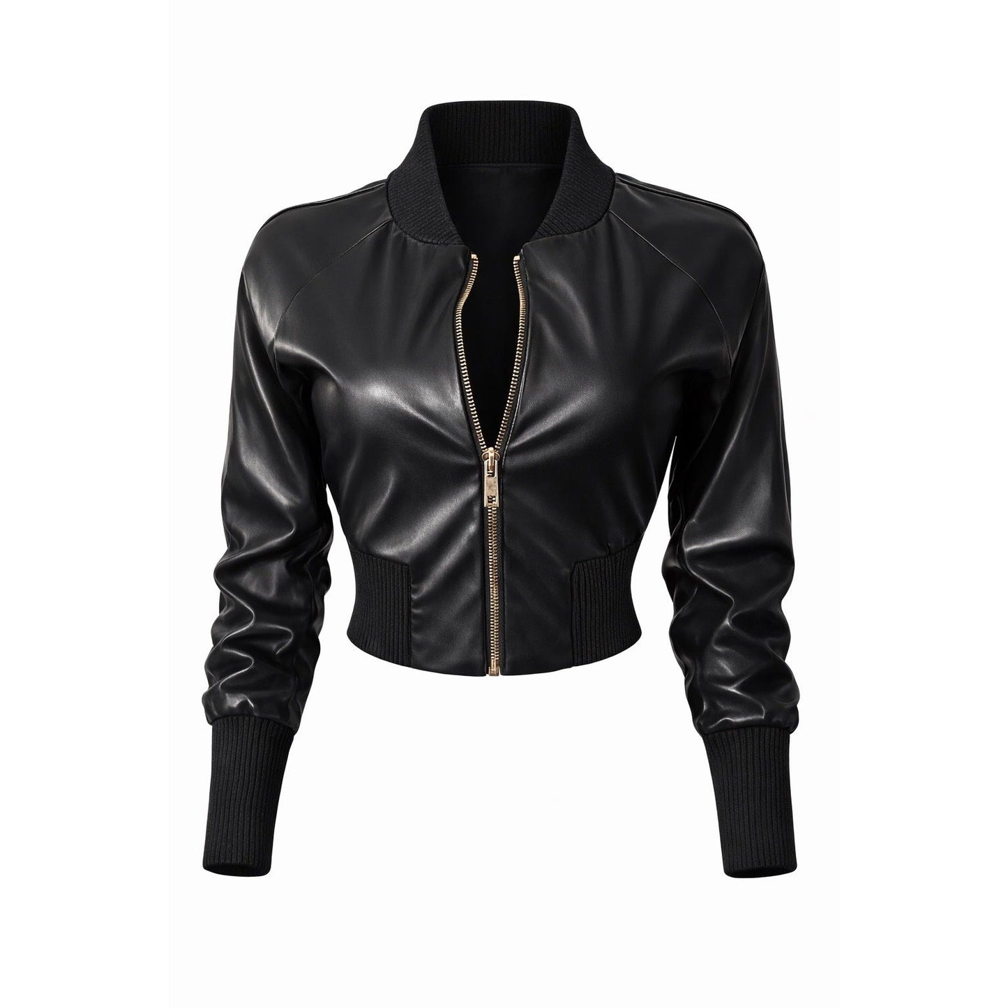 Black faux leather cropped bomber jacket with zip front closure, ribbed collar, cuffs, and ribbed waist.