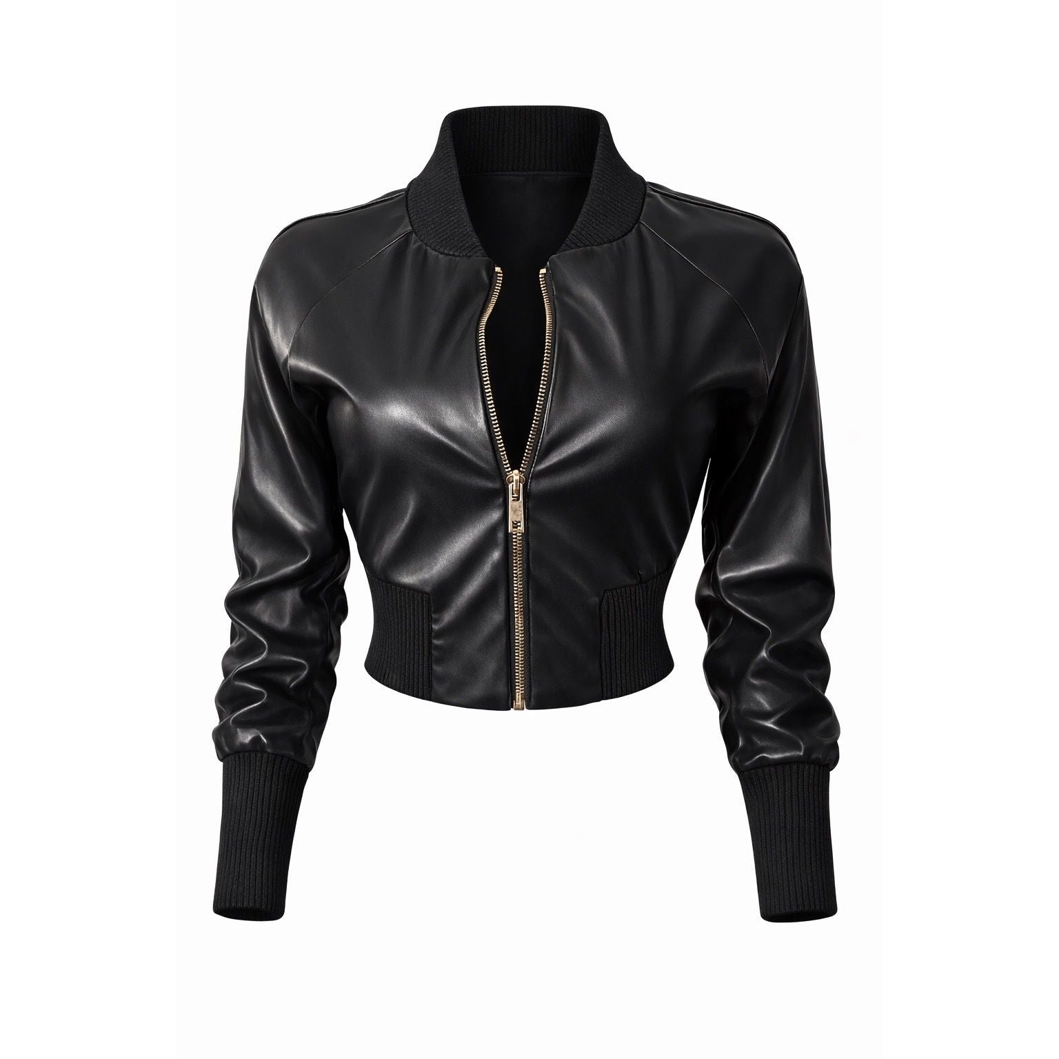 Black faux leather cropped bomber jacket with zip front closure, ribbed collar, cuffs, and ribbed waist.