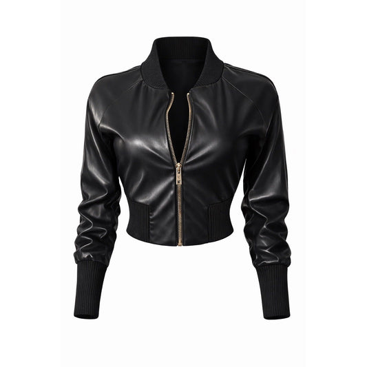 Black faux leather cropped bomber jacket with zip front closure, ribbed collar, cuffs, and ribbed waist.