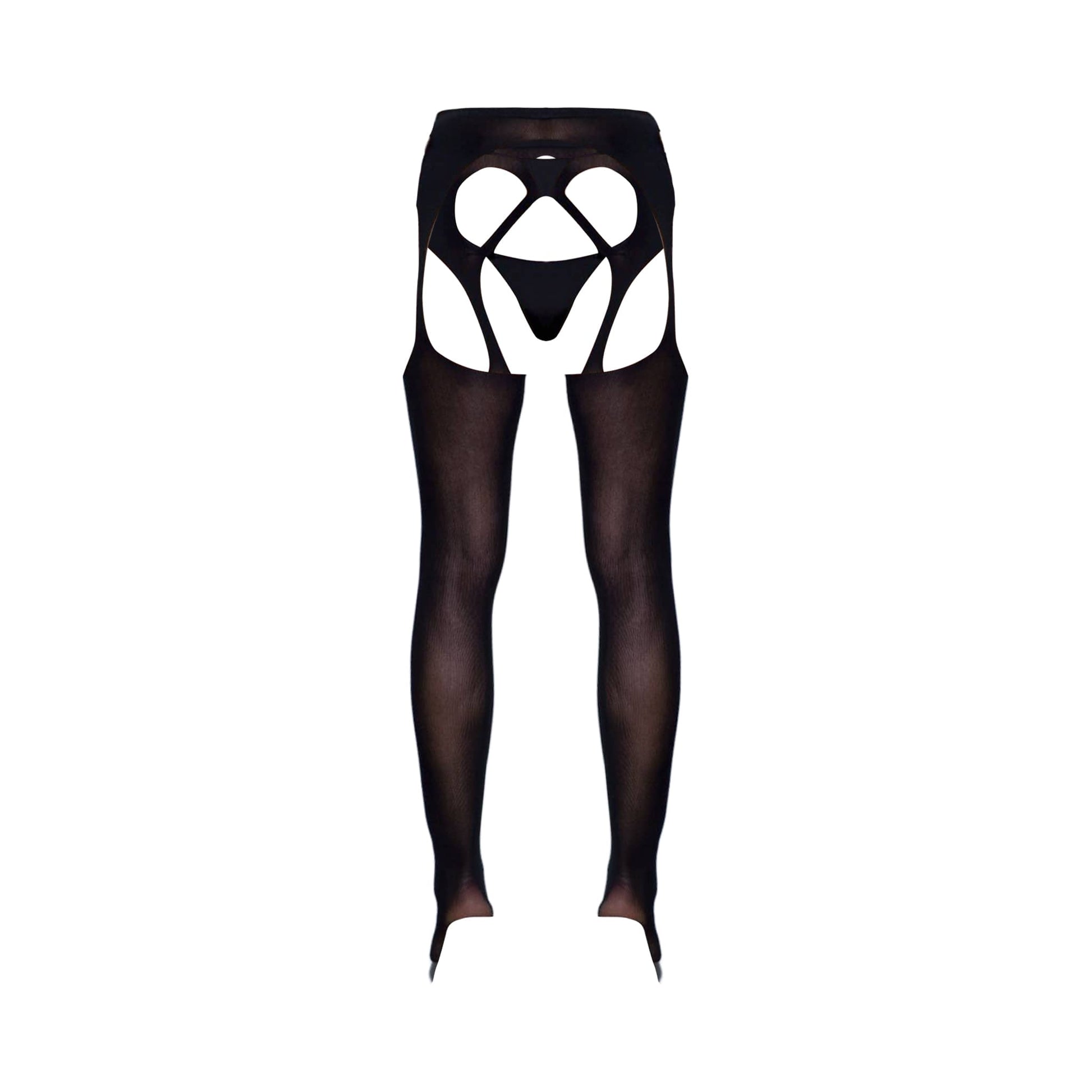 Back view of black high-waisted fishnet stockings with strappy suspender detail, made of 92% nylon and 8% spandex. Thong not included.