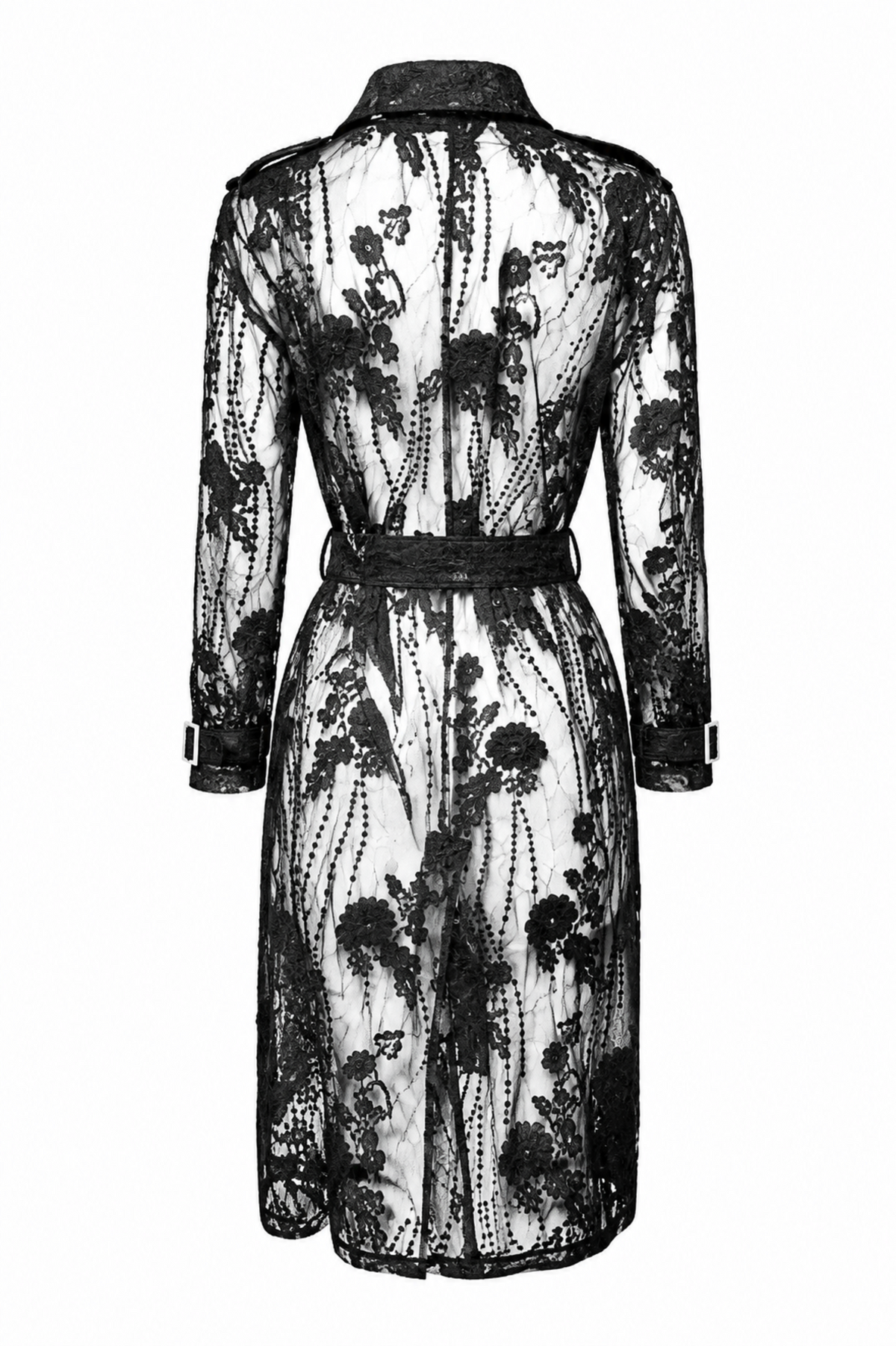  Black floral lace belted trench coat back view featuring sheer floral lace, and long sleeves.