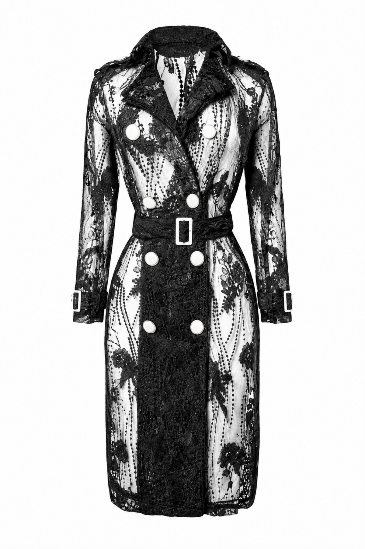 Black floral lace belted trench coat with sheer long sleeves, statement buttons, lace detailing. 
