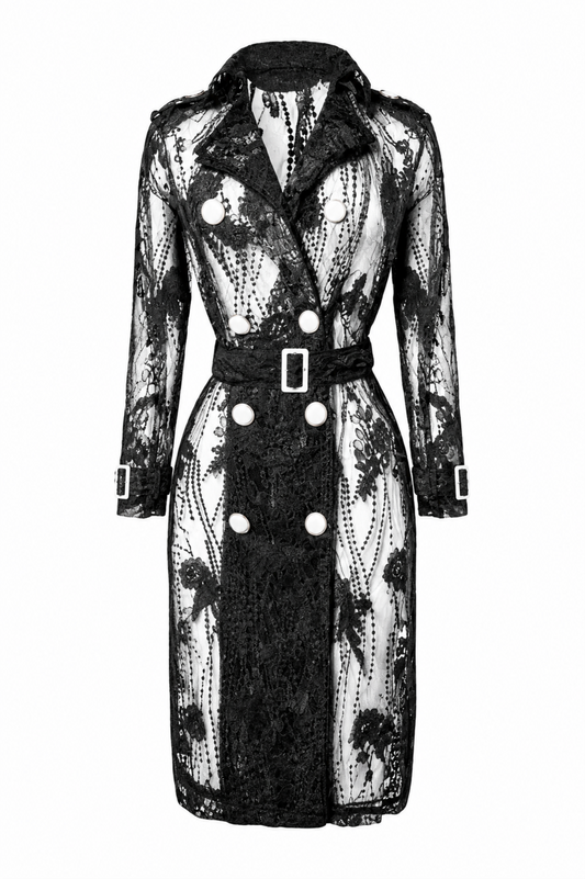 Black floral lace belted trench coat with sheer long sleeves, statement buttons, lace detailing. 
