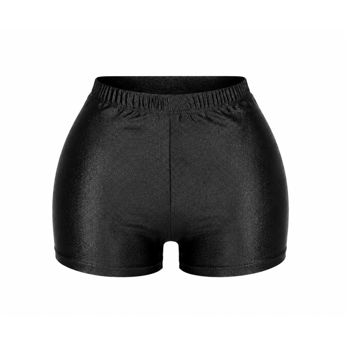 Black high-waisted micro fitted women’s shorts with an elastic waistband and sleek body-hugging design. 
