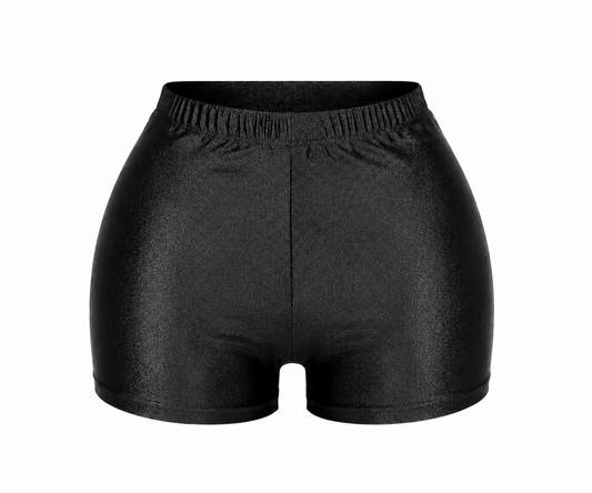 Black high-waisted micro fitted women’s shorts with an elastic waistband and sleek body-hugging design. 
