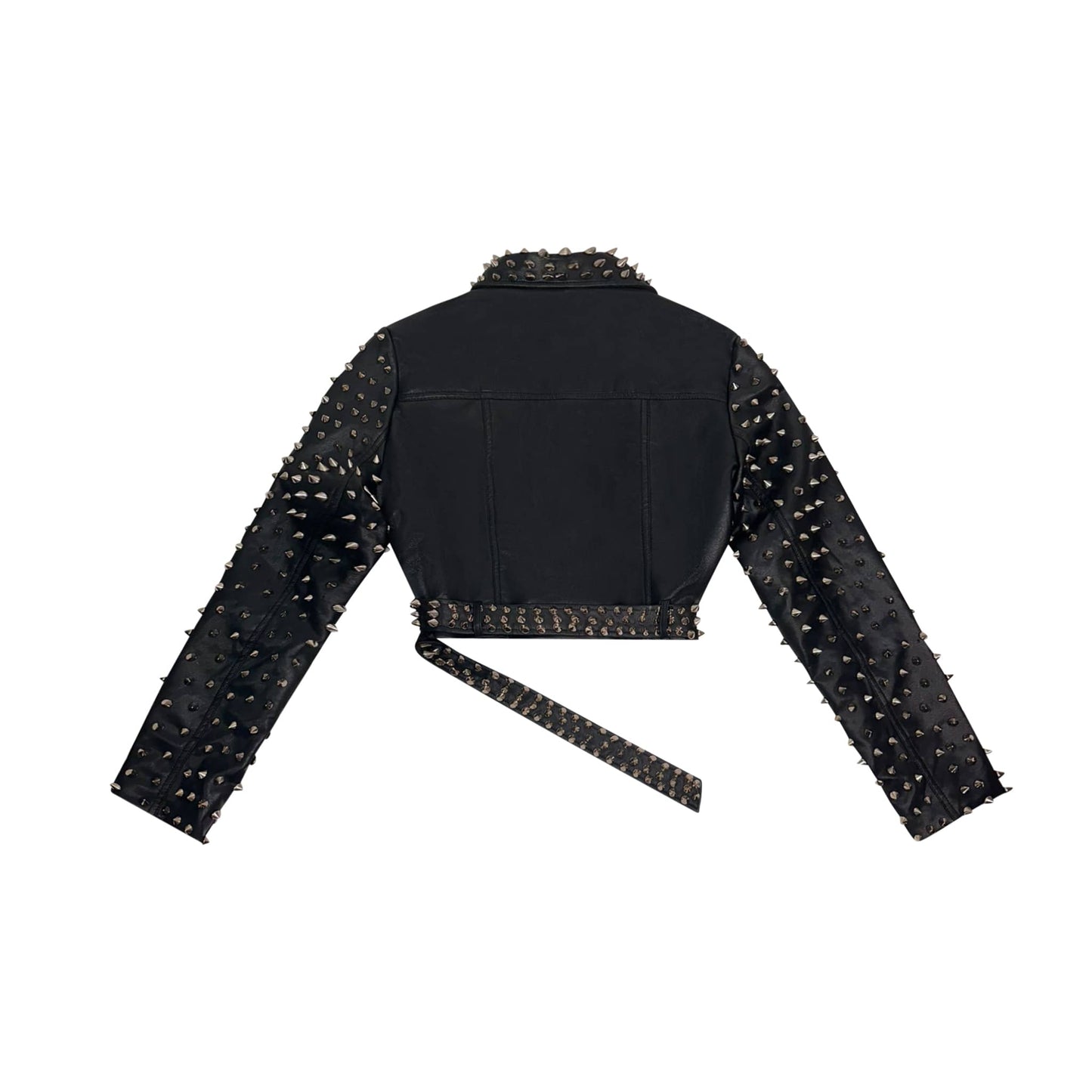 Back view of black leather long sleeve cropped jacket with studded embellished sleeves  and embellished belt detail.  
