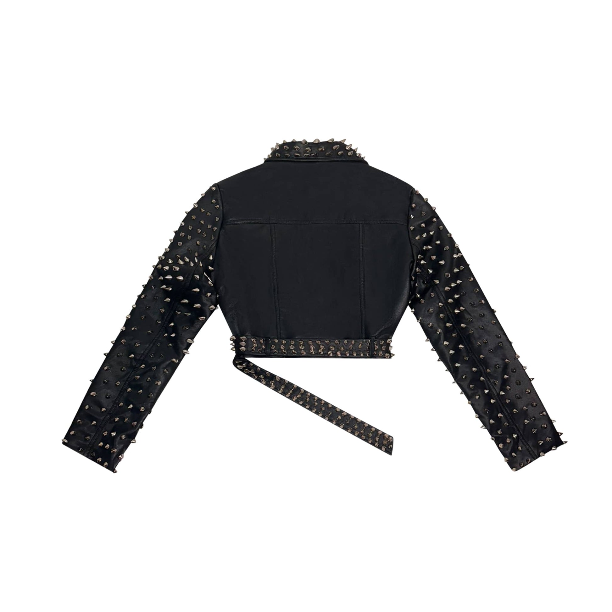 Back view of black leather long sleeve cropped jacket with studded embellished sleeves  and embellished belt detail.  