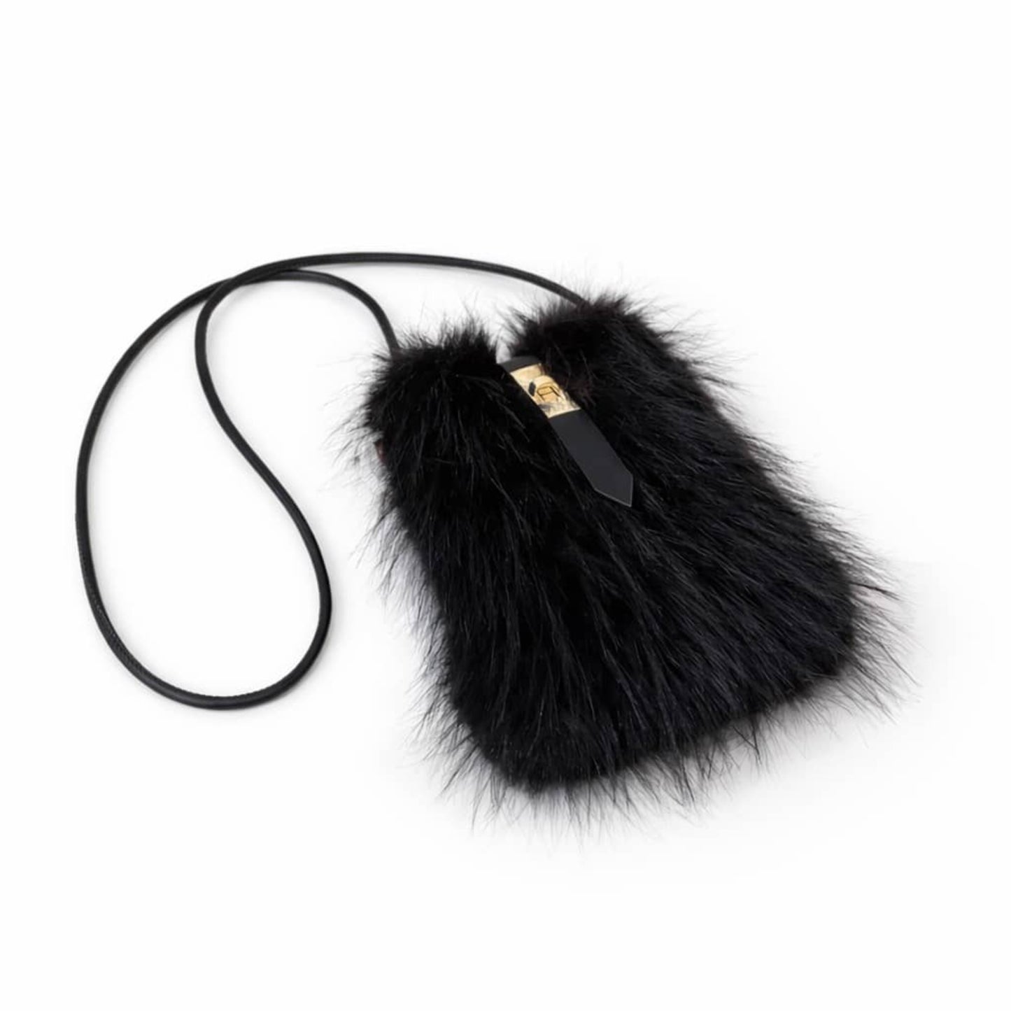 Luxury faux mink crossbody bag in black, laying flat with  strap.