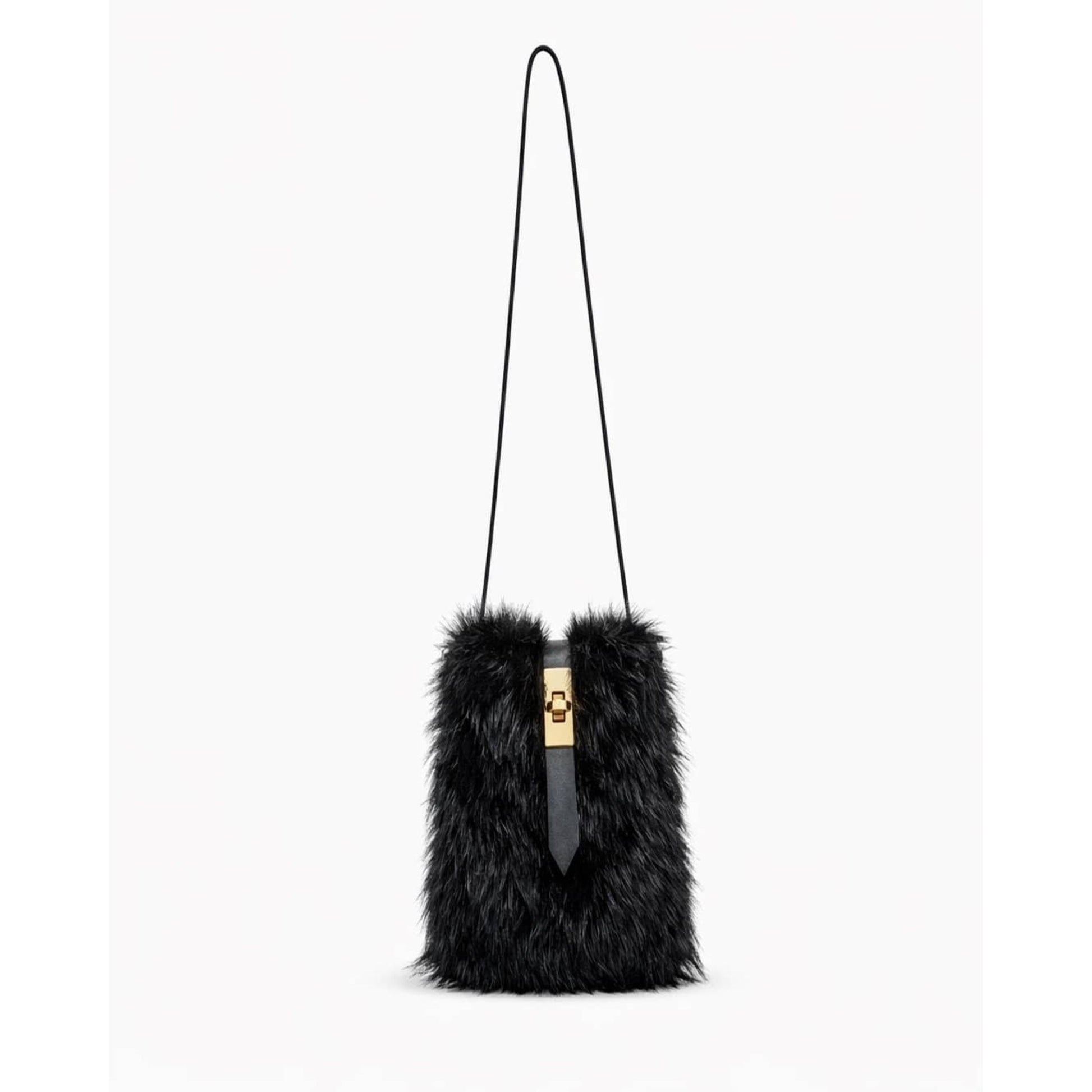 Black plush faux fur square crossbody bag with fold-over turn-lock closure.