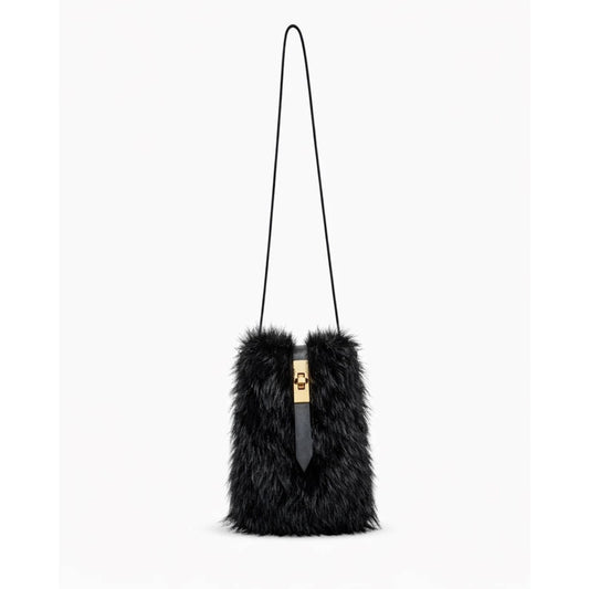 Black plush faux fur square crossbody bag with fold-over turn-lock closure.