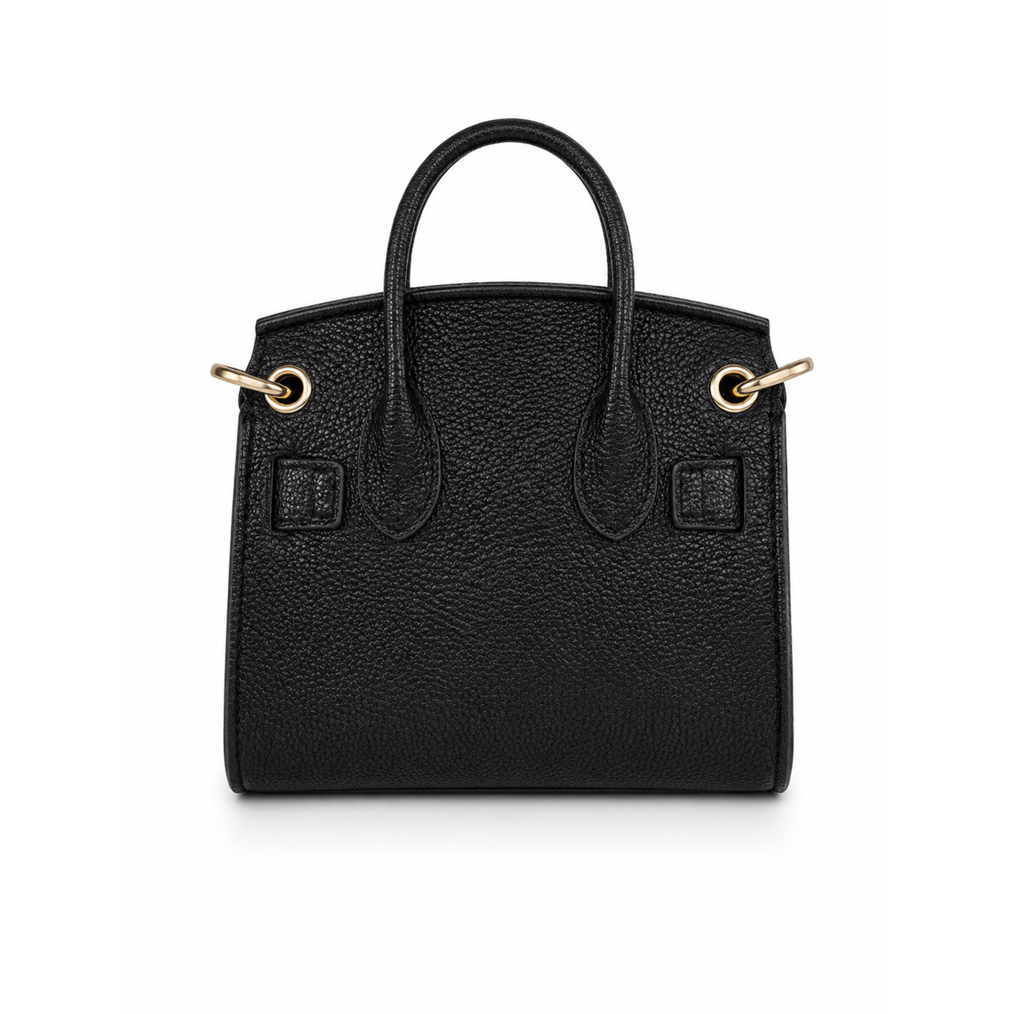 Black mini satchel handbag back view featuring a structured silhouette, dual top handles, textured finish, and detachable shoulder strap.