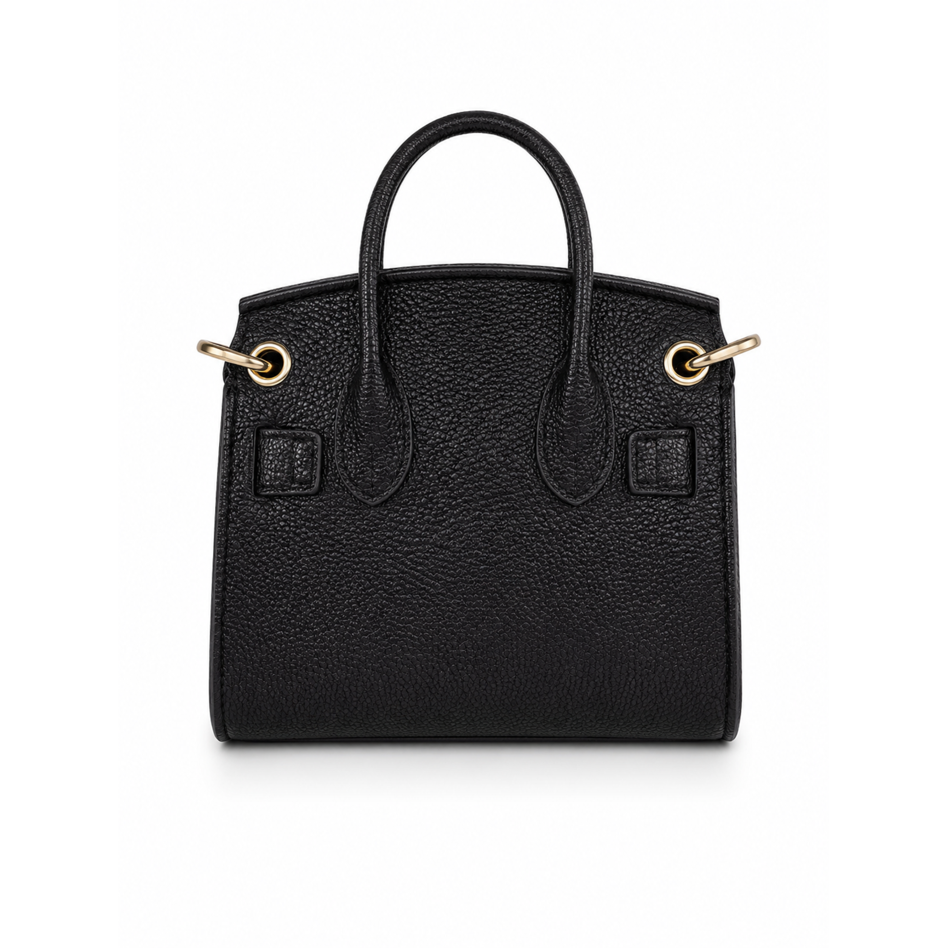 Black mini satchel handbag back view featuring a structured silhouette, dual top handles, textured finish, and detachable shoulder strap.