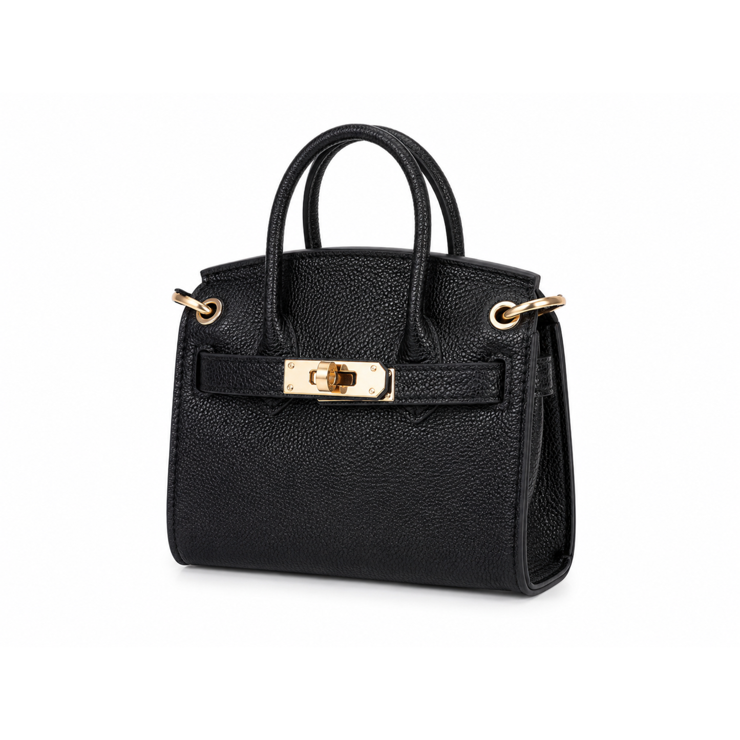 Black mini satchel handbag with detachable shoulder strap, structured silhouette, dual top handles, gold-tone hardware, and textured finish displayed on a white background.