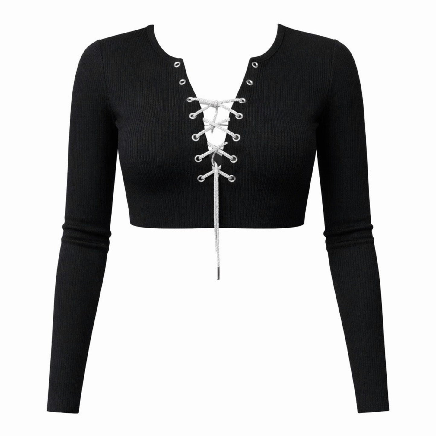 Black ribbed long sleeve crop top with rhinestone lace-up front detail and fitted stretch design, front view.