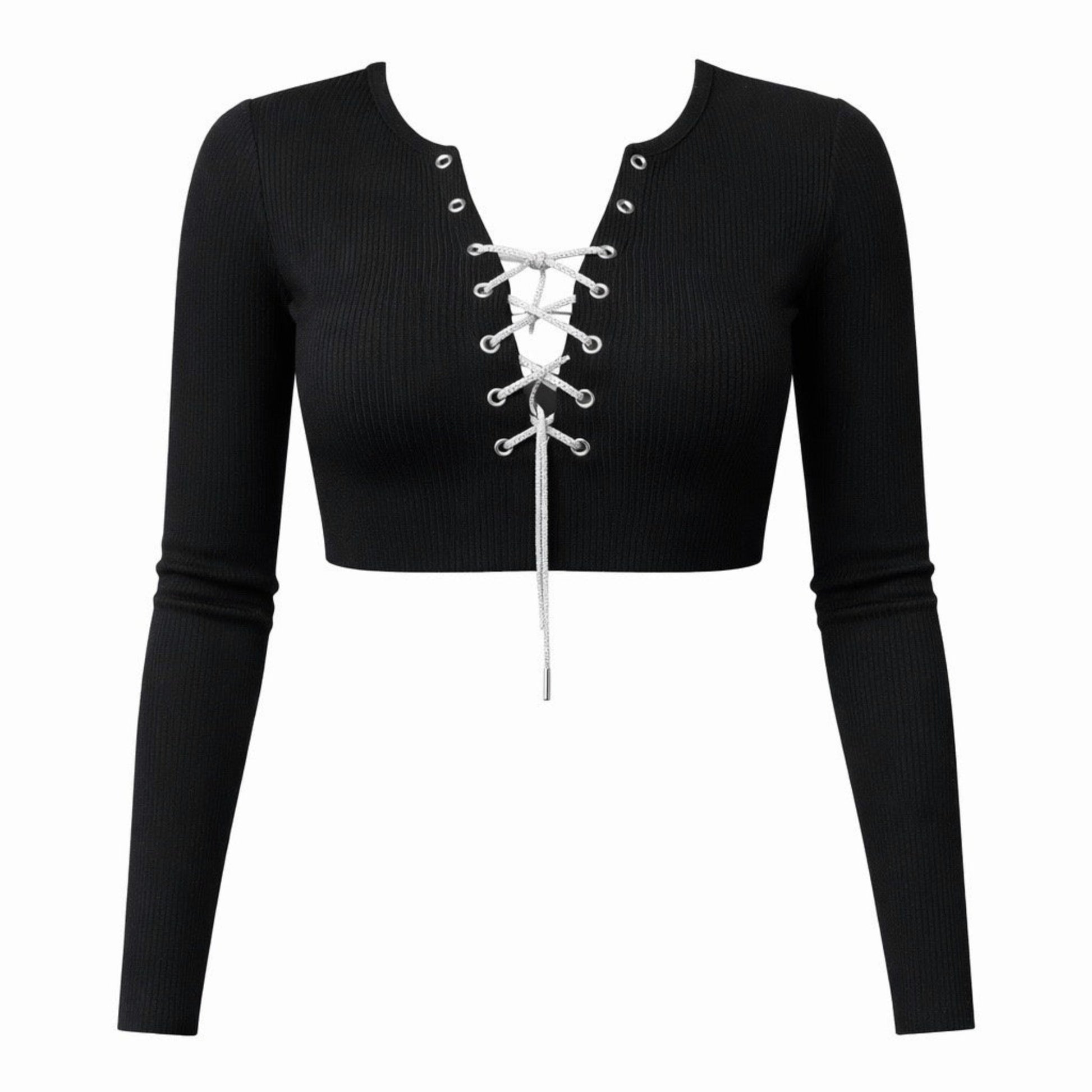 Black ribbed long sleeve crop top with rhinestone lace-up front detail and fitted stretch design, front view.