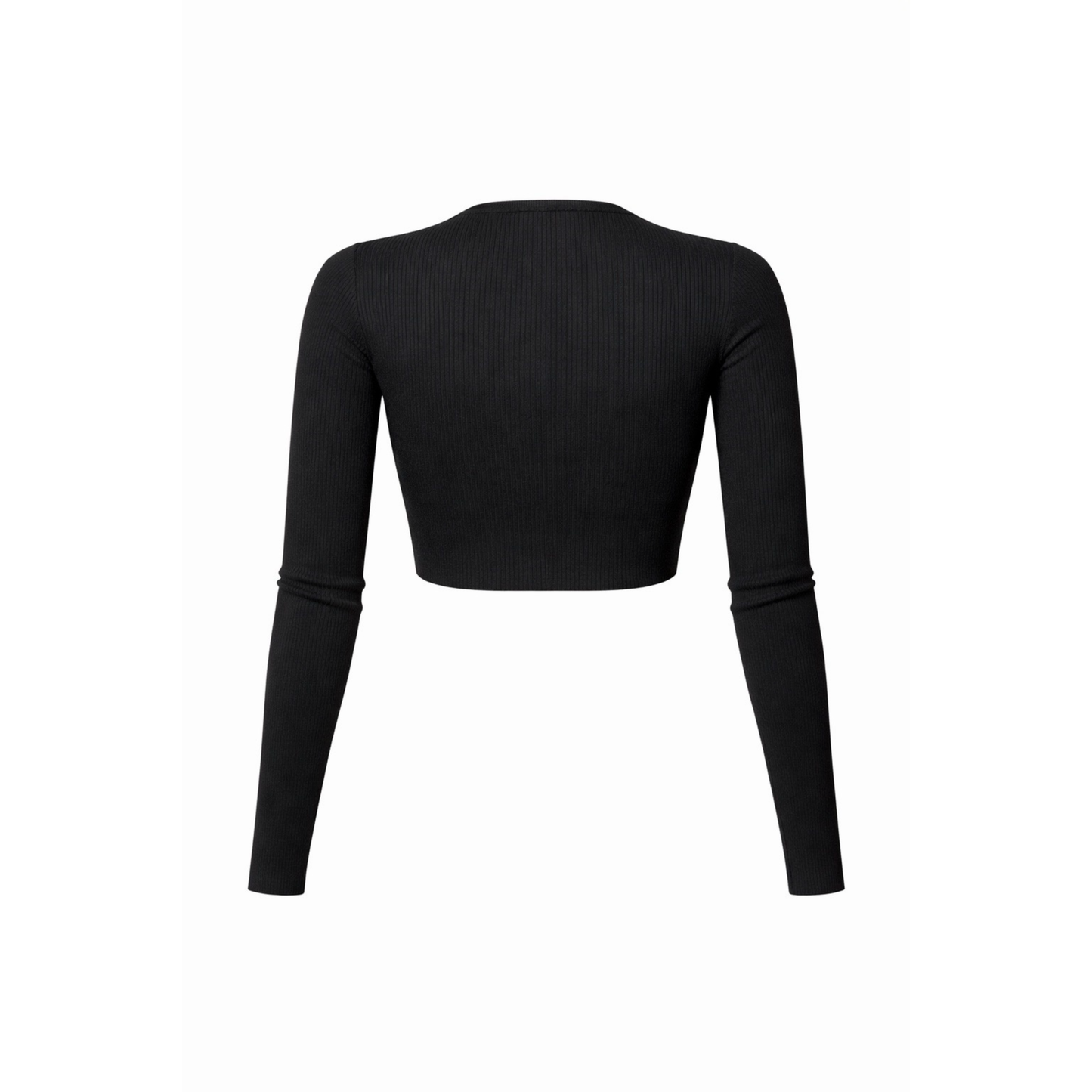 Black ribbed long sleeve crop top back view with fitted stretch design and clean seamless finish. 