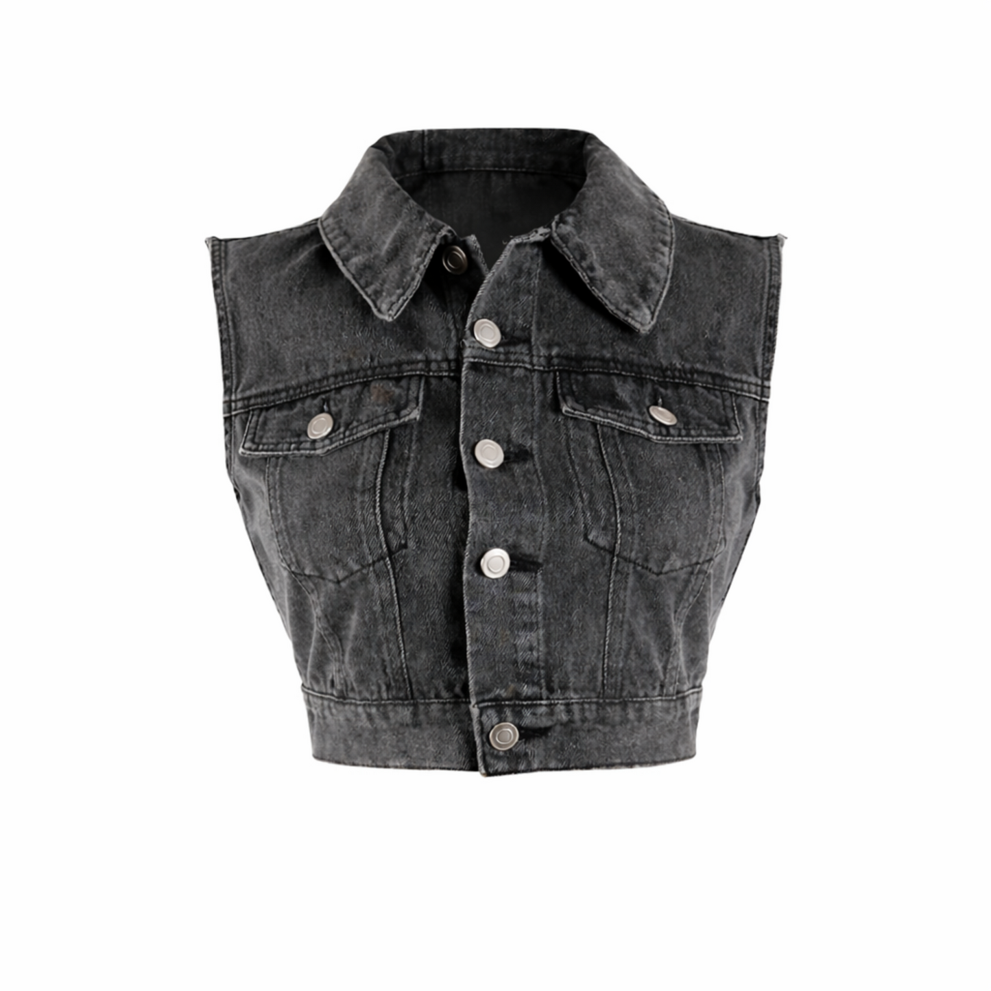 Front view of black wash denim crop vest with collar, button closure, and two front pockets, made from 100% cotton. 
