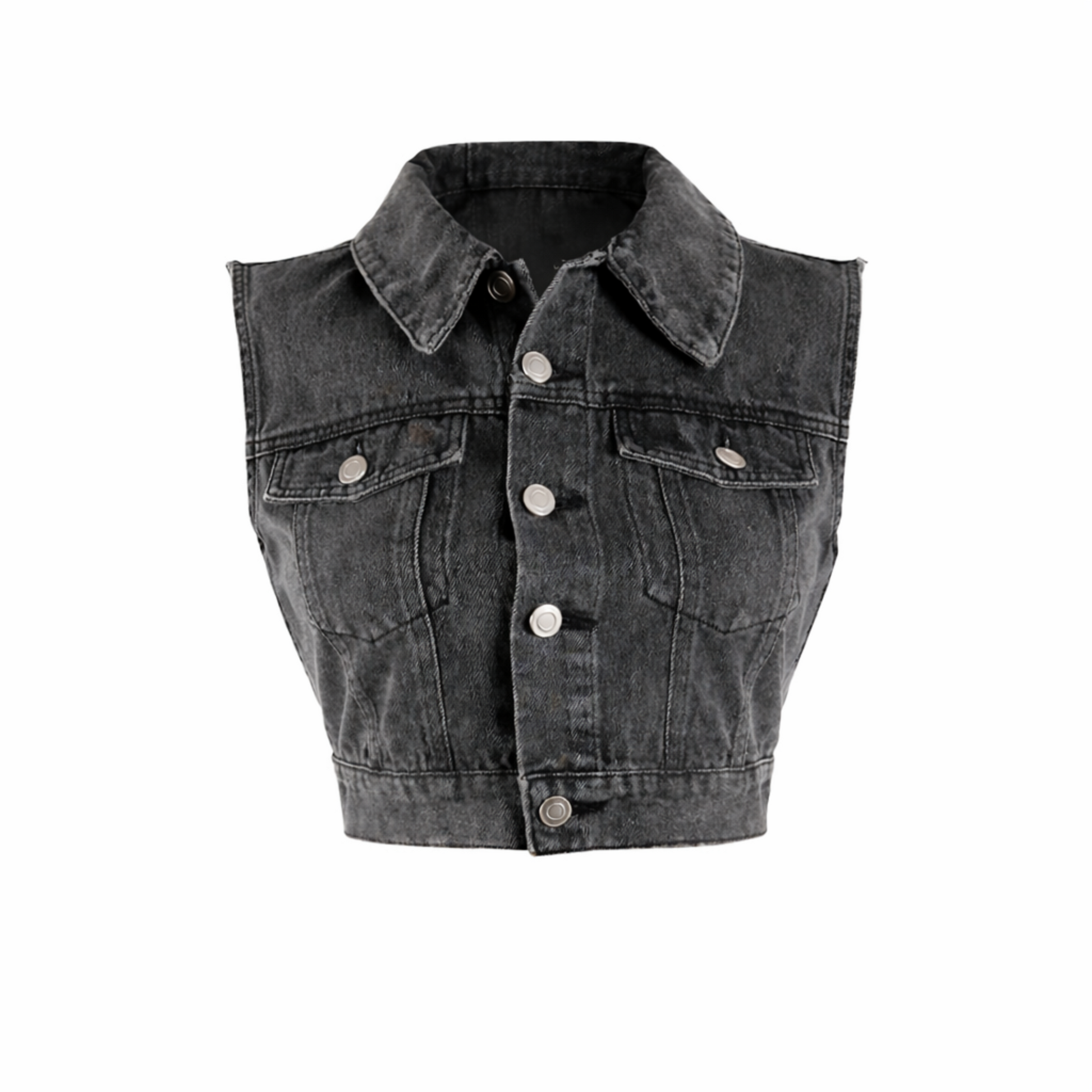 Front view of black wash denim crop vest with collar, button closure, and two front pockets, made from 100% cotton. 