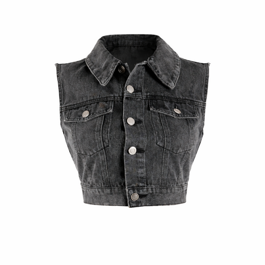 Front view of black wash denim crop vest with collar, button closure, and two front pockets, made from 100% cotton. 