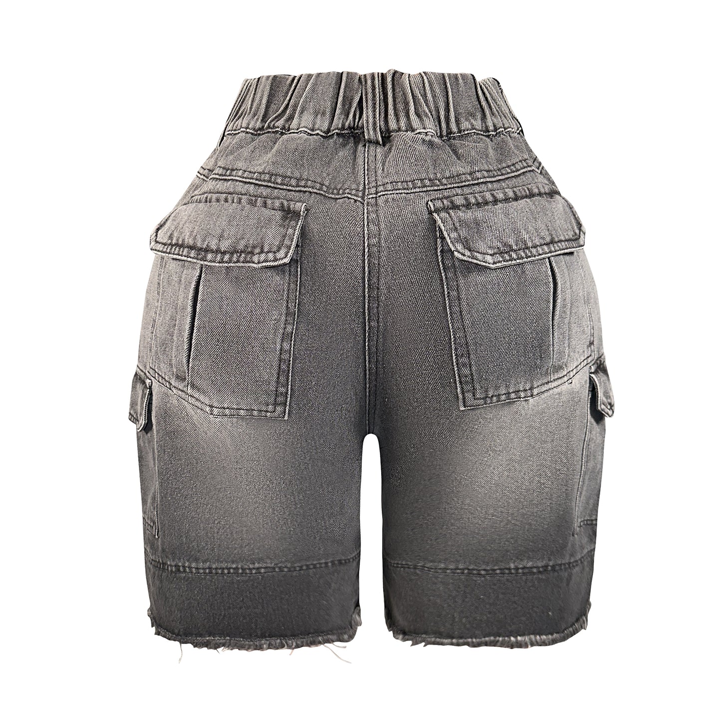 Back view of black wash distressed denim Bermuda cargo shorts with high rise fit and cargo pockets.