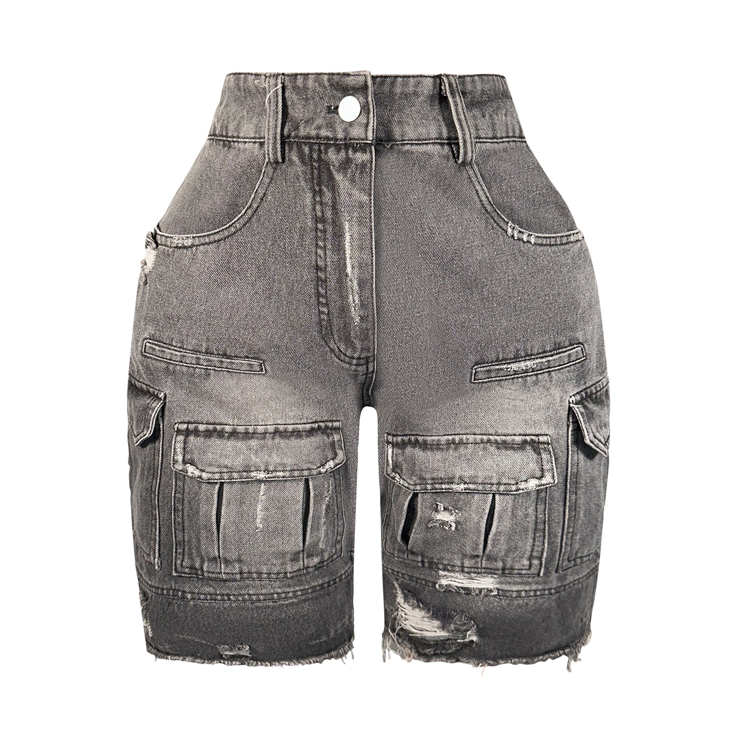 Black wash distressed denim Bermuda cargo shorts with high rise fit and utility cargo pockets.
