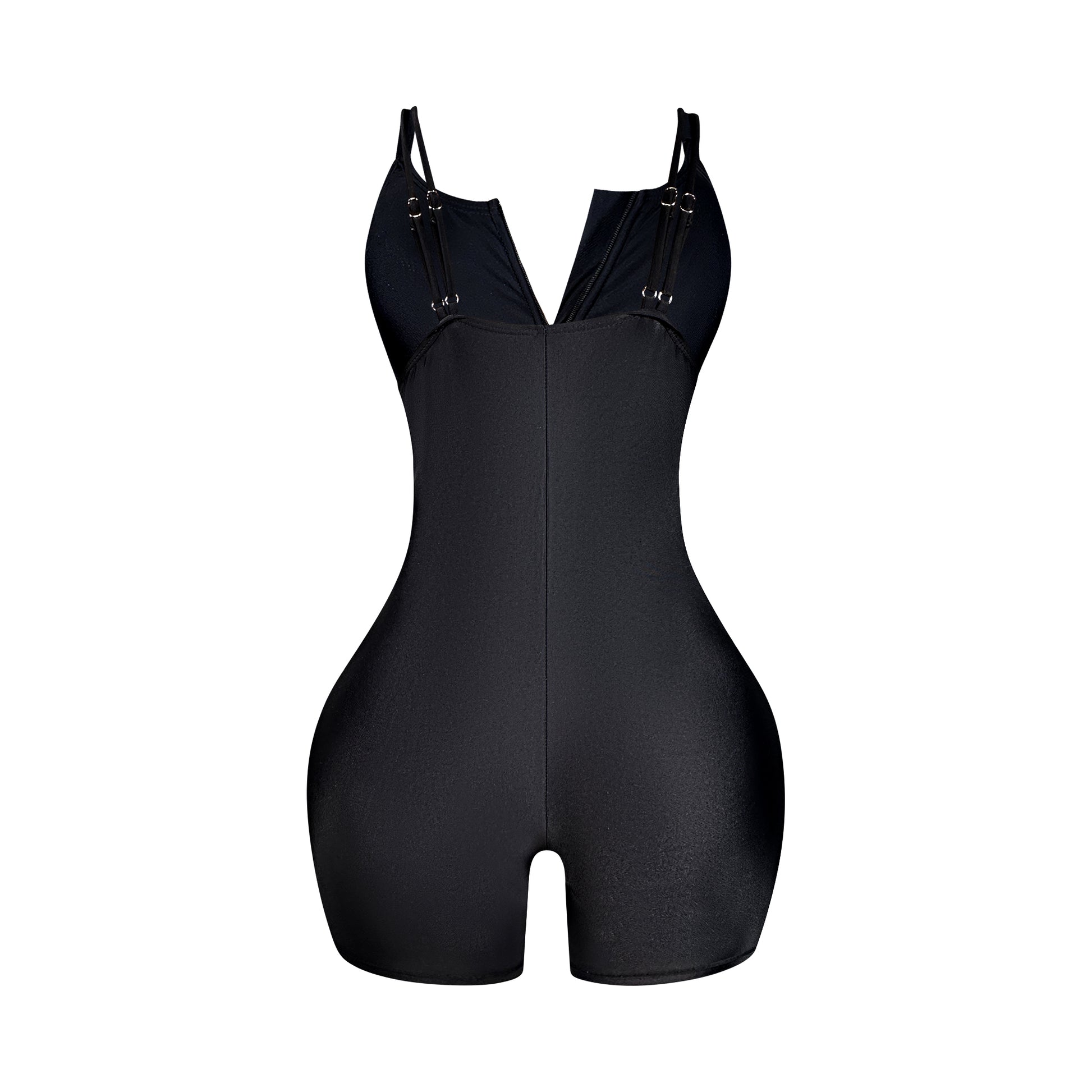 Back view of black zip front boy short one piece swimsuit with adjustable straps and full coverage stretch fit designed for a smooth, flattering silhouette.