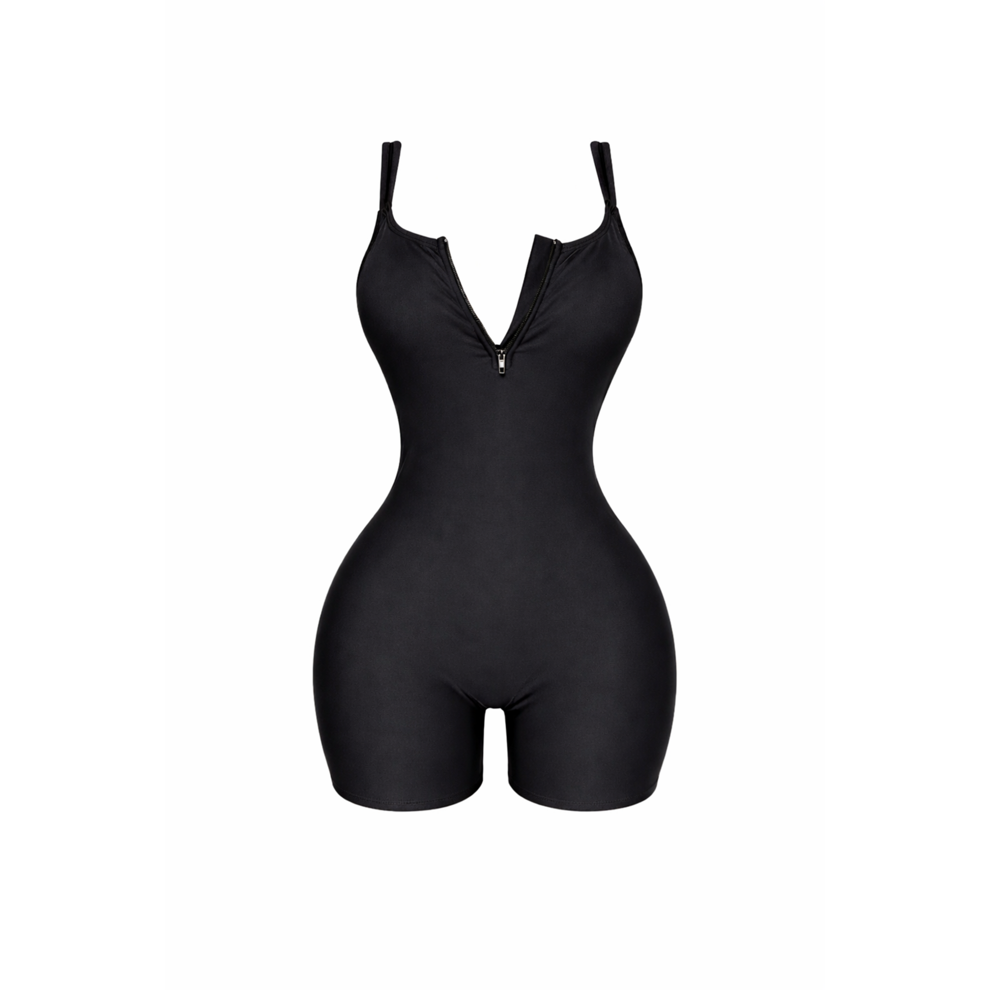 Black zip front boyshort one piece swimsuit with scoop neckline, adjustable straps, and full coverage stretch fit designed for a flattering and supportive silhouette.
