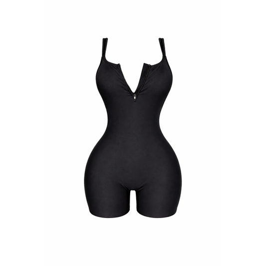Black zip front boyshort one piece swimsuit with scoop neckline, adjustable straps, and full coverage stretch fit designed for a flattering and supportive silhouette.