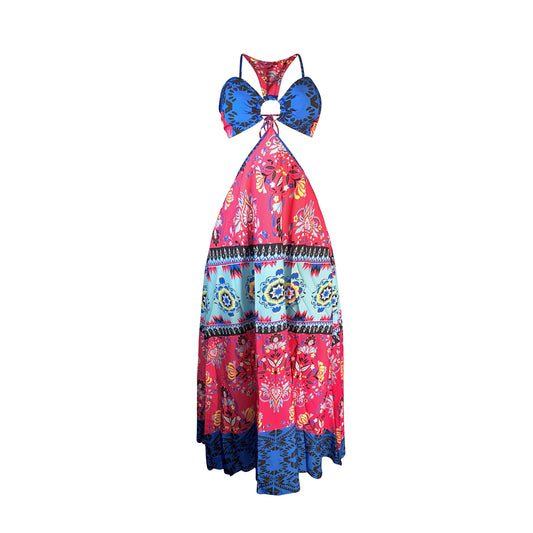 Indigo blue and pink multi-pattern maxi sundress with bra-style top, sleeveless design, open back with tie, and O-ring detail in handmade Colombian style silk.