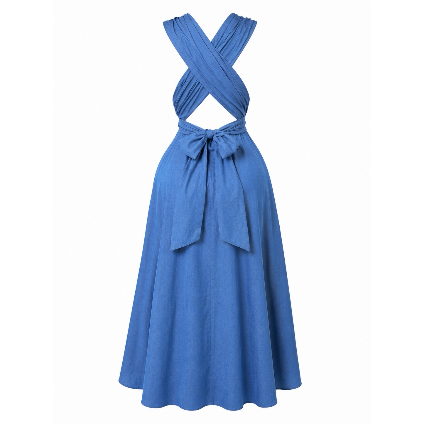 Blue open-back wrap maxi dress with wrap-around back detail and tie-back closure back view by Piecez. 