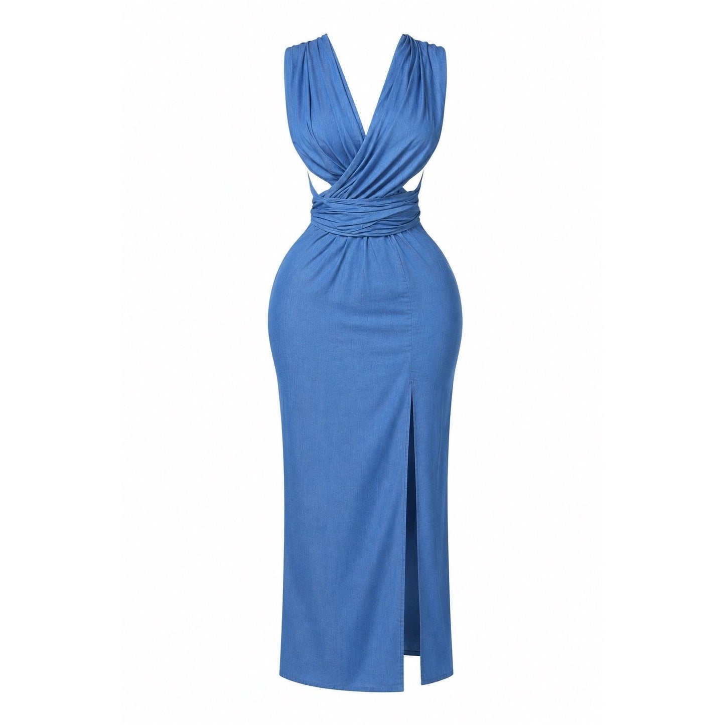 Blue waist wrap side slit maxi dress with draped deep V-neckline and sleeveless design front view by Piecez. 