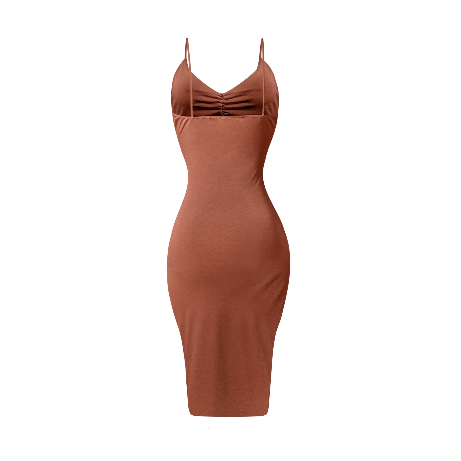 Brown ruched maxi dress with spaghetti straps  back view