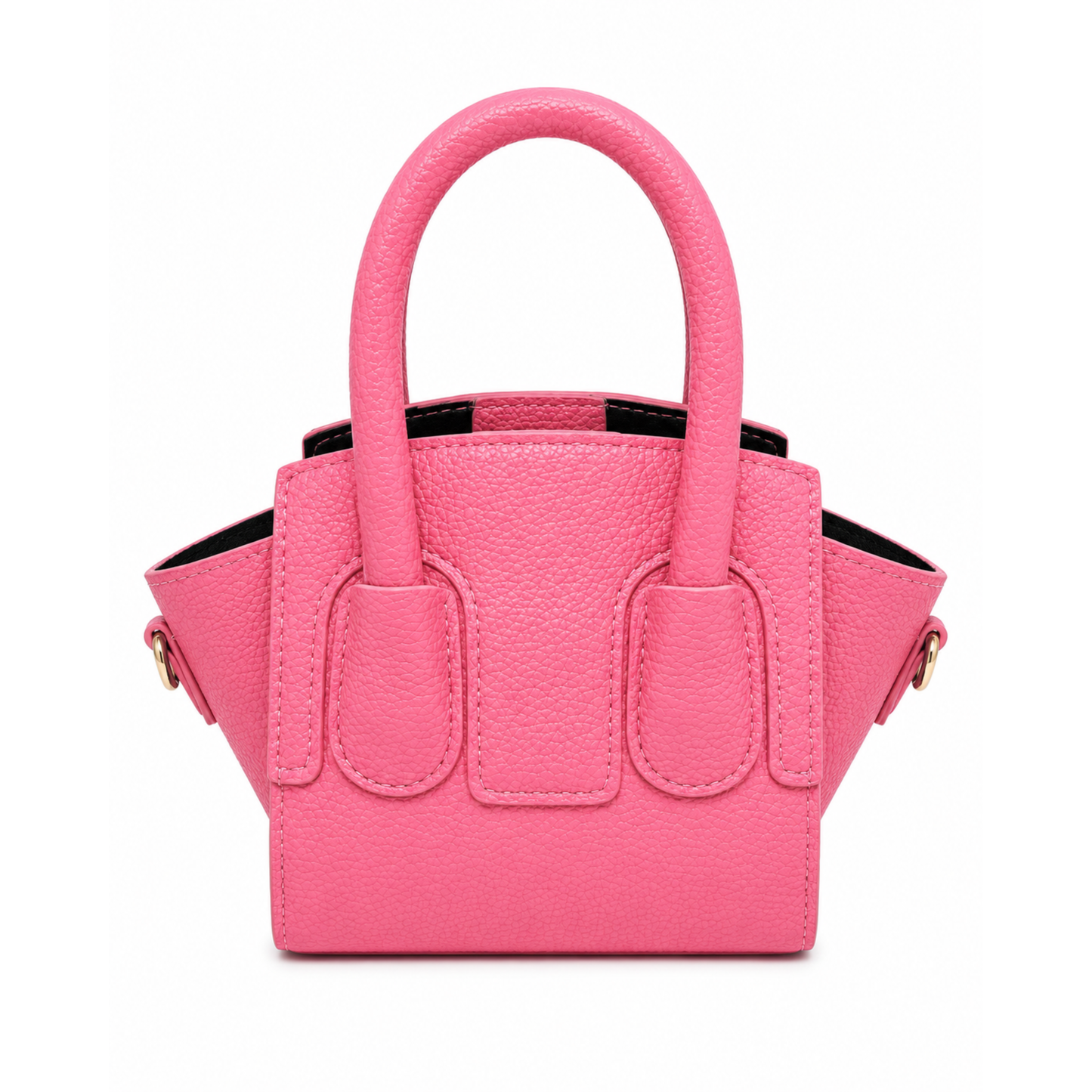 Bubblegum pink pebbled leather mini satchel crossbody bag with top handles, detachable shoulder strap, and gold-tone hardware accents. 