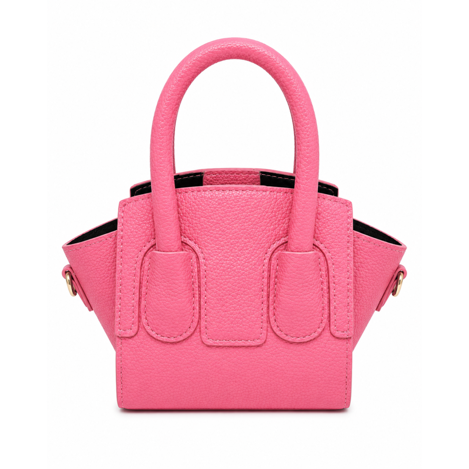 Bubblegum pink pebbled leather mini satchel crossbody bag with top handles, detachable shoulder strap, and gold-tone hardware accents. 