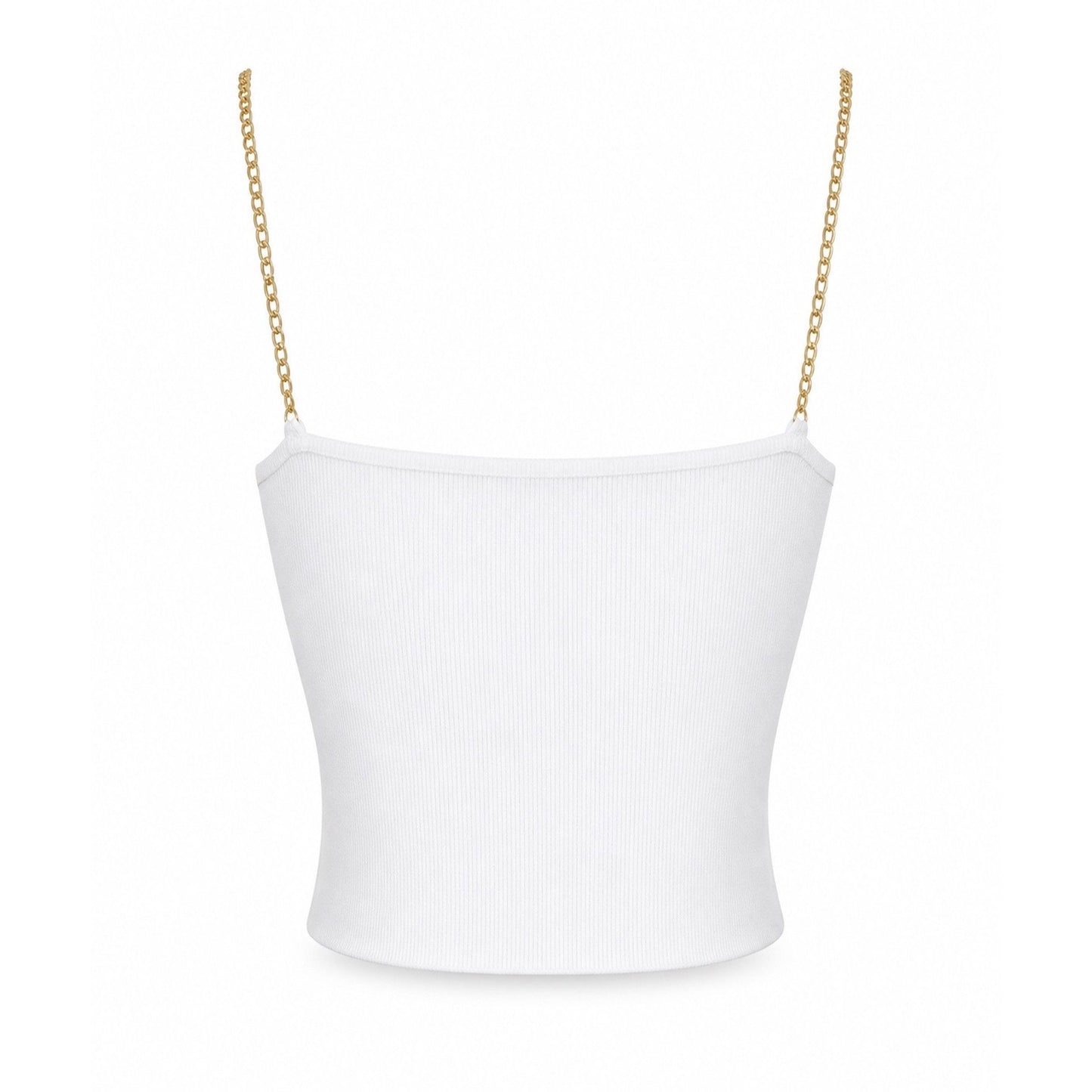 Back view of a white chain strap front cutout crop top featuring gold chain shoulder straps and a cropped silhouette for a chic, fashion-forward look.