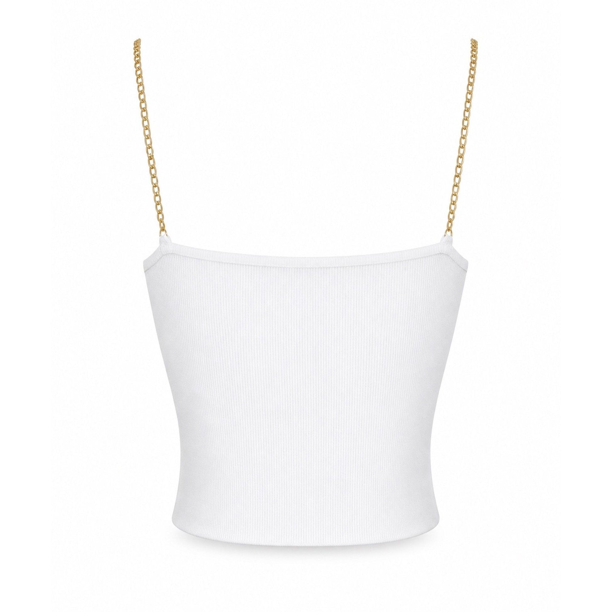 Back view of a white chain strap front cutout crop top featuring gold chain shoulder straps and a cropped silhouette for a chic, fashion-forward look.
