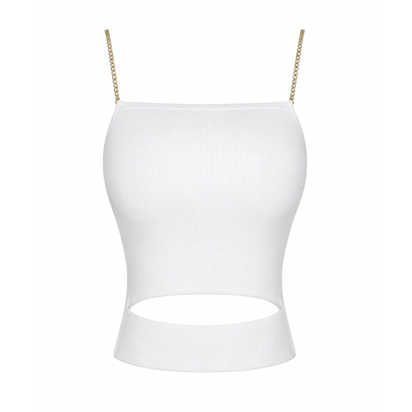 White chain strap front cutout crop top with gold chain shoulder straps and a cropped silhouette for a chic statement look. 